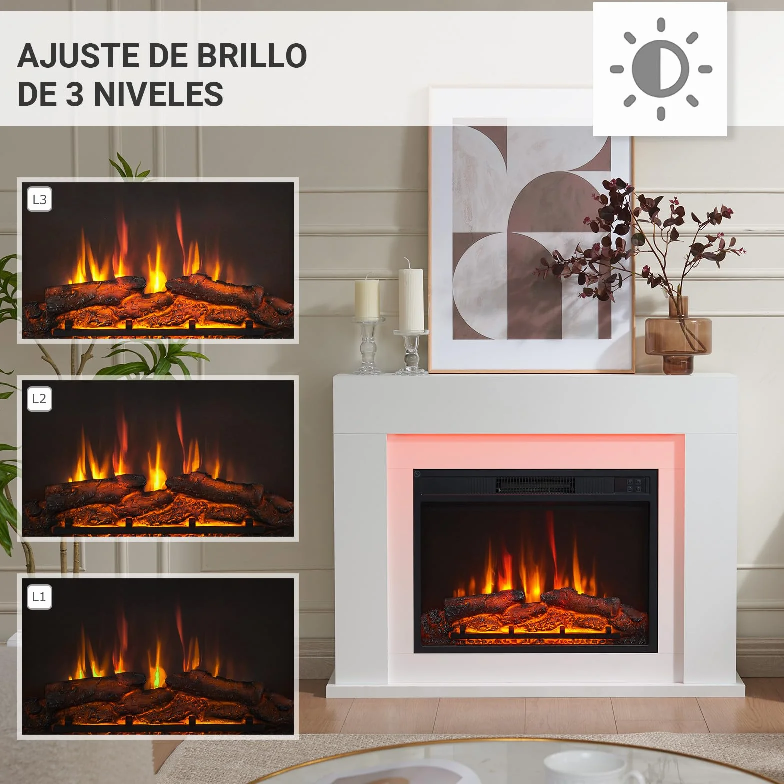 BALDERIA Finn Design - Chimenea Eléctrica con Mueble Blanco, Calefactor bajo Consumo