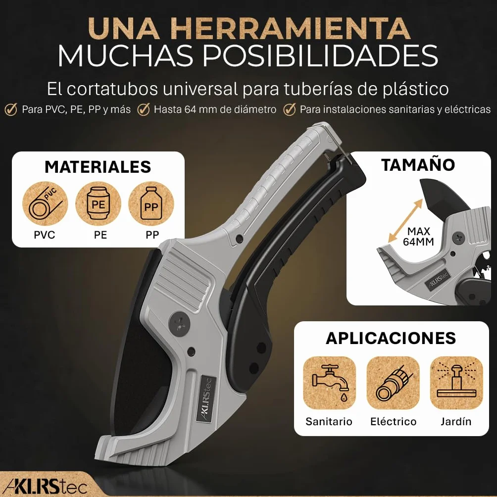 KLRStec Juego de cortador de tubos de PVC profesional ProSlice 6400 (64 mm/2-1/2") Cortador Profesional con Carraca para PVC, PE, PP – Incluye Cuchilla de Repuesto y Funda Nylon con Clip