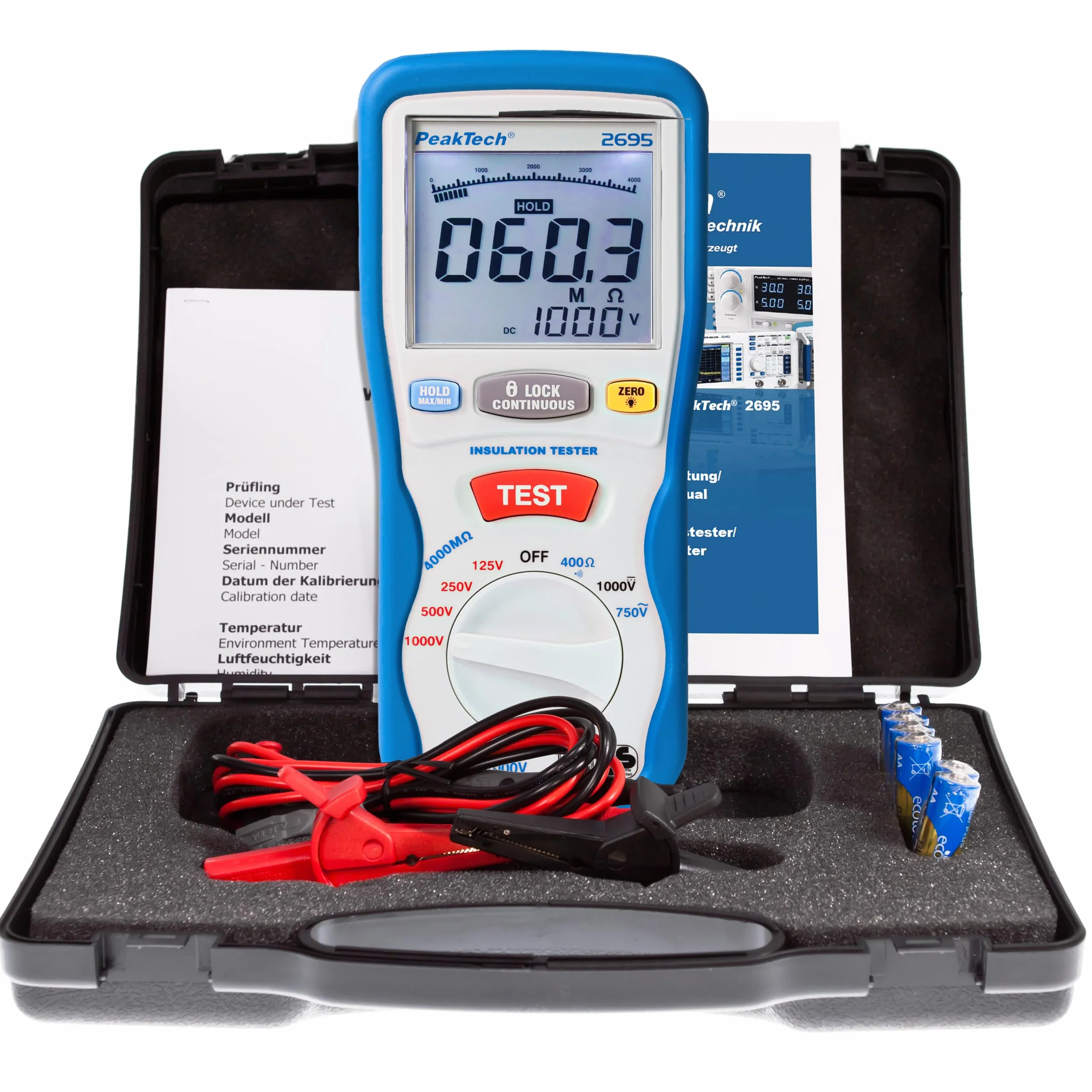 PeakTech 2695 – Probador de aislamiento, calibrado, probador de continuidad, voltímetro, circuitos, fusibles, mínimo/máximo, retención de datos, TUV/GS - 125V, 250V, 500V, 1000V