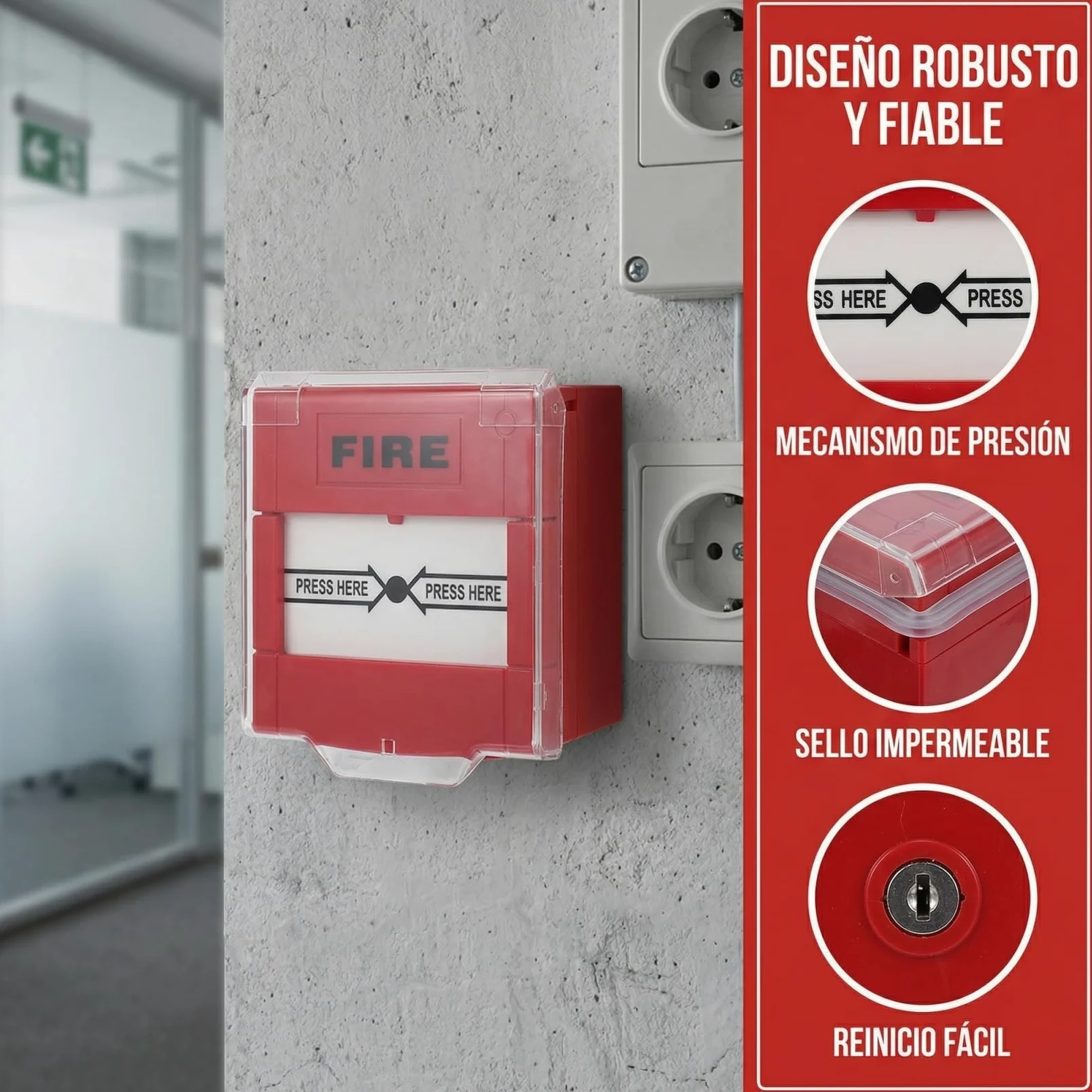 iplusmile Botón De Alarma Contra Incendios Rojo, Reiniciable, Resistente Intemperie, Para Montaje En Pared, Punto De Llamada De Emergencia y Prueba De Emergencia Contra Incendios