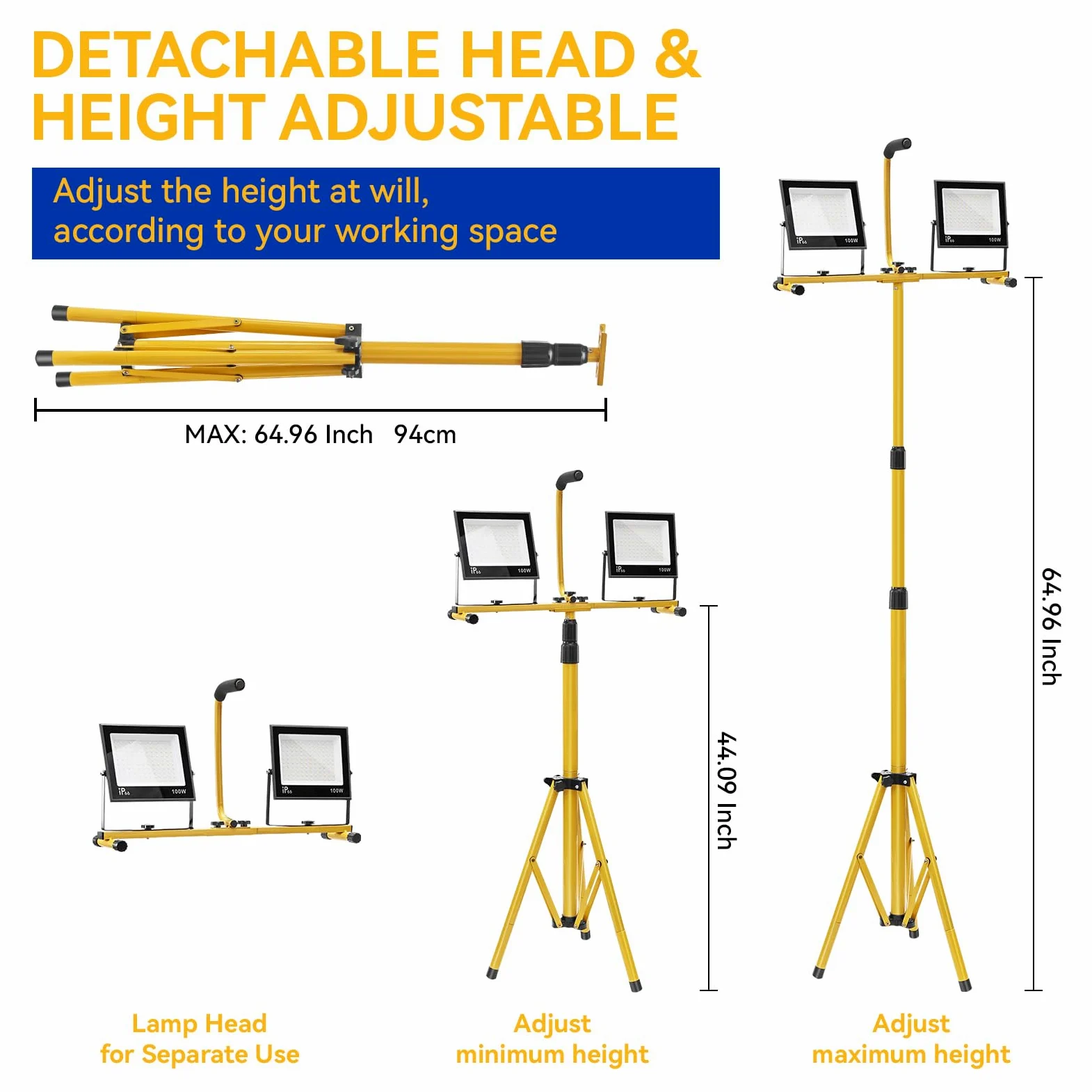 Yofuly 2x 100W Foco LED de Trabajo 21,000LM, Focos LED Portátil con Trípode Telescópico 1,6M, Lentes PC, IP66 Impermeable, con Cable de 3M, Luz de Trabajo para Obras, Jardines, Construcción