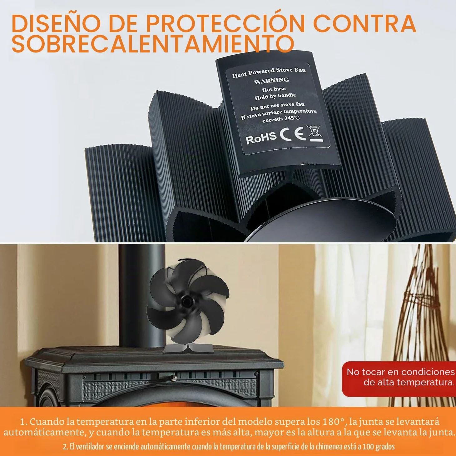Ventilador de chimenea, 6 aspas, ventilador de horno, chimenea eléctrica, estufa, ventilador de estufa de calor, gran espacio para estufa, estufa de leña, ecológico sin electricidad (6 cuchillas)