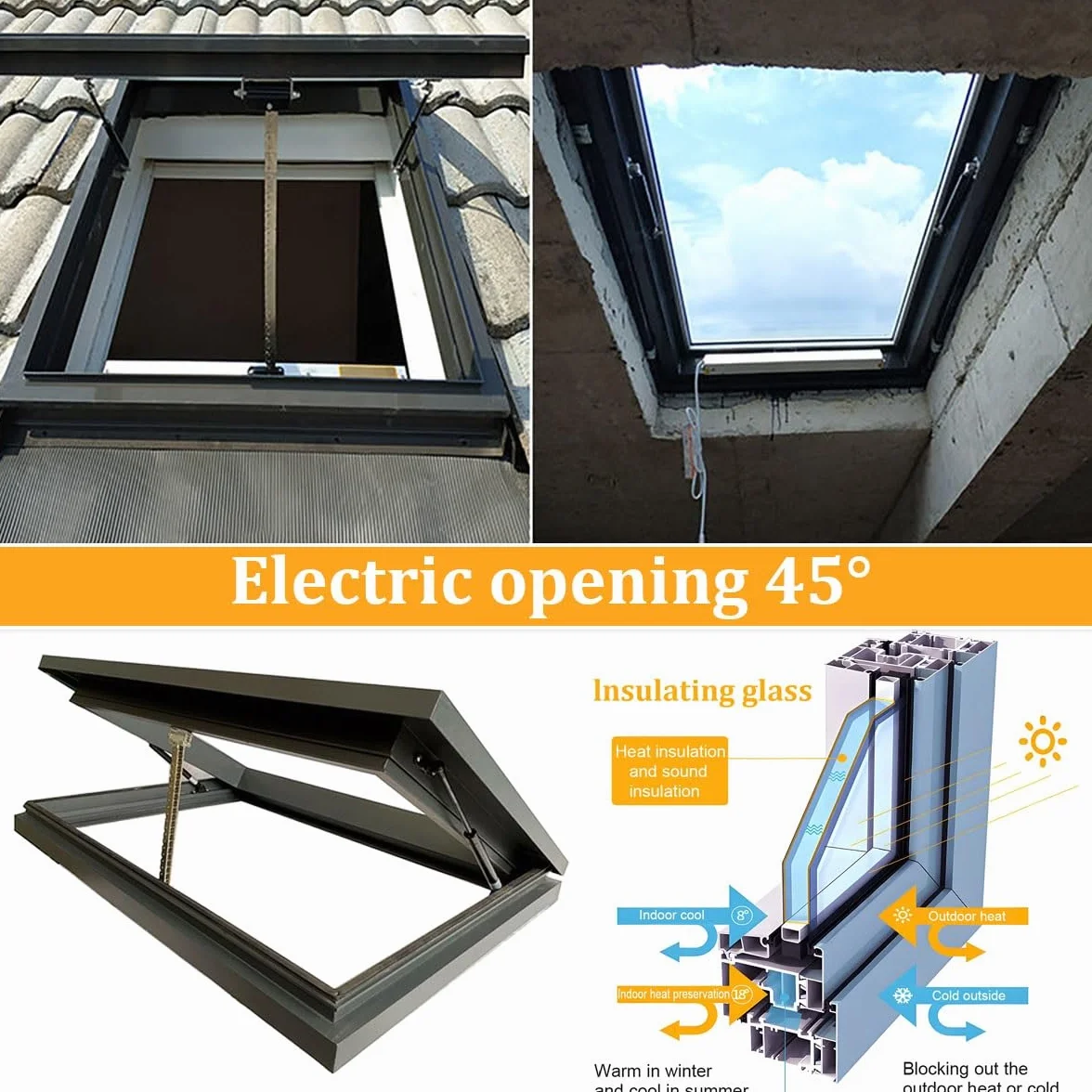Ventana de tejado personalizable con apertura eléctrica, vidrio templado de doble capa, elevación a gas, control remoto y sensor de lluvia, para invernaderos, sótanos, áticos(Gray,LxW 60x70cm/23.6x27.
