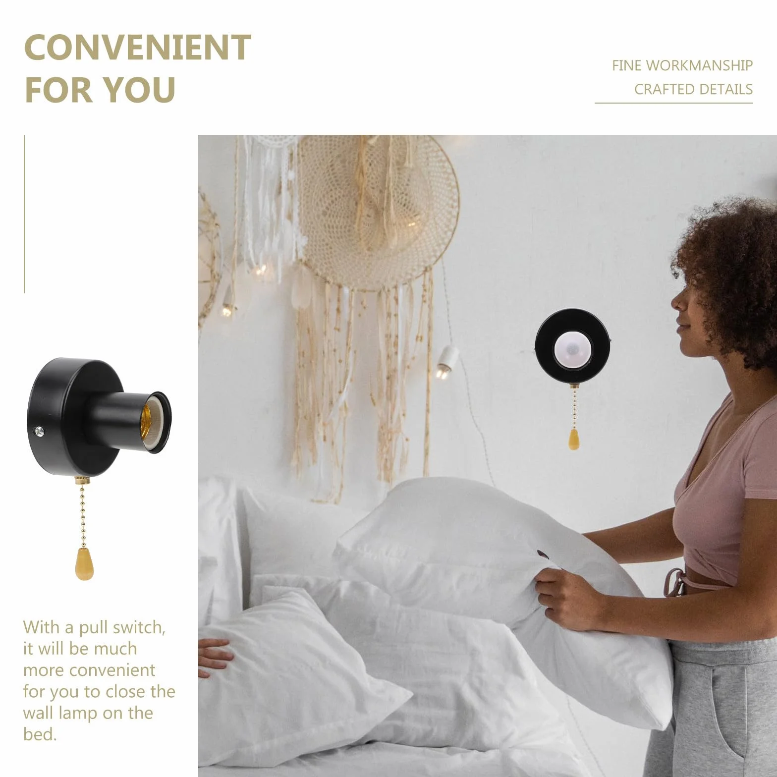 Portalámparas con Interruptor de Cuerda Negro Acero Inoxidable ULTECHNOVO para Lámparas de Dormitorio