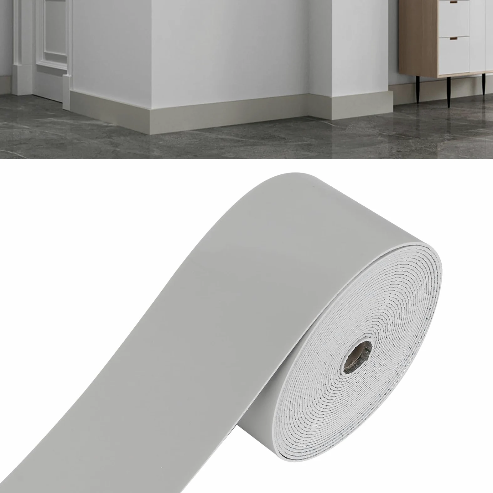 Rodapié blando de 10 m más ancho y grueso, tira decorativa flexible autoadhesiva, perfiles de transición para el suelo, molduras de suelo, zócalos de pared, vetas de madera de mármol (1, gris, 10 m x