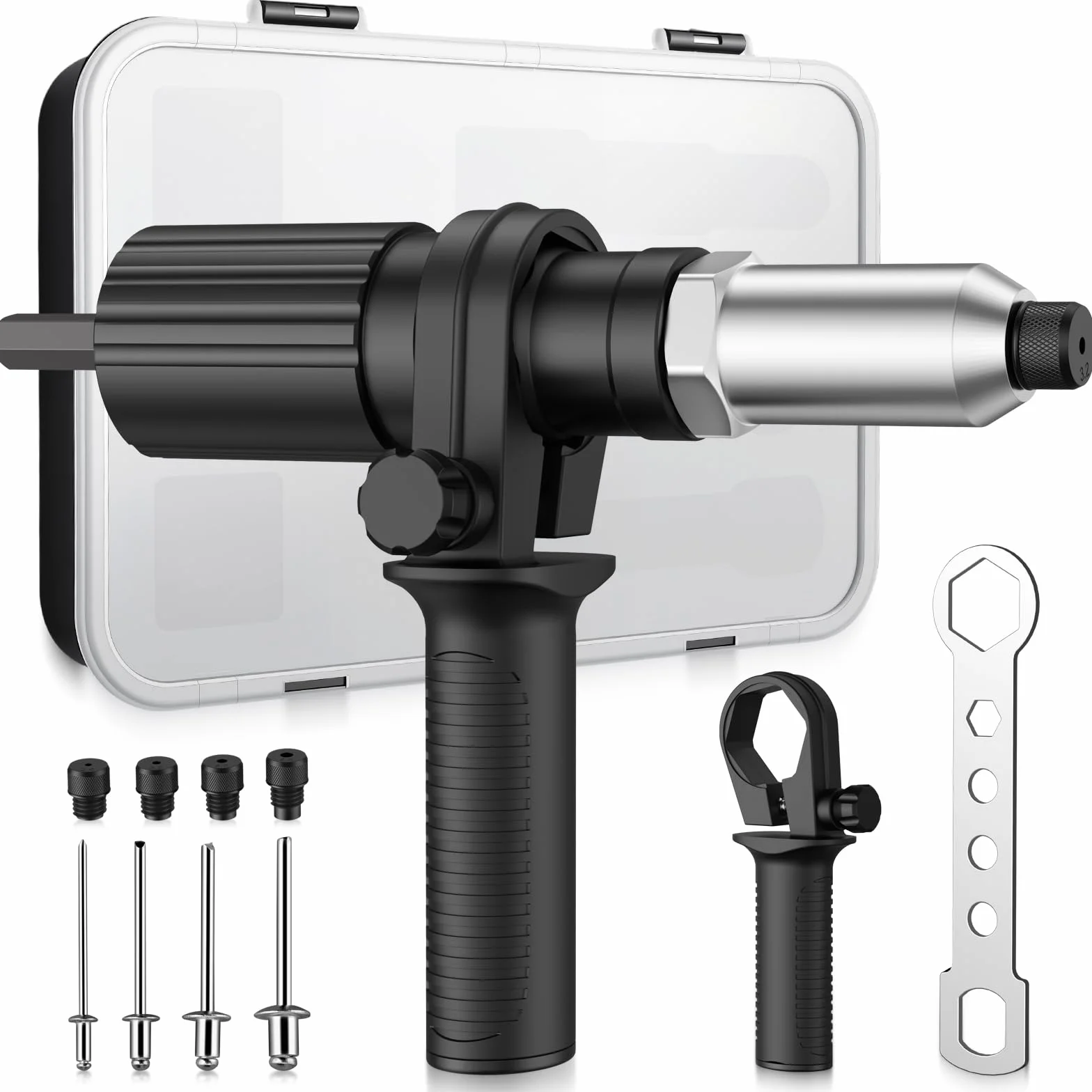 AUTOUTLET Accesorio de Remache para Taladro Destornillador Inalámbrico, Adaptador de Remache Eléctrico con Remaches de 79 piezas 2,4/3,2/4,0/4,8 mm para Remaches Ciegos (Negro)
