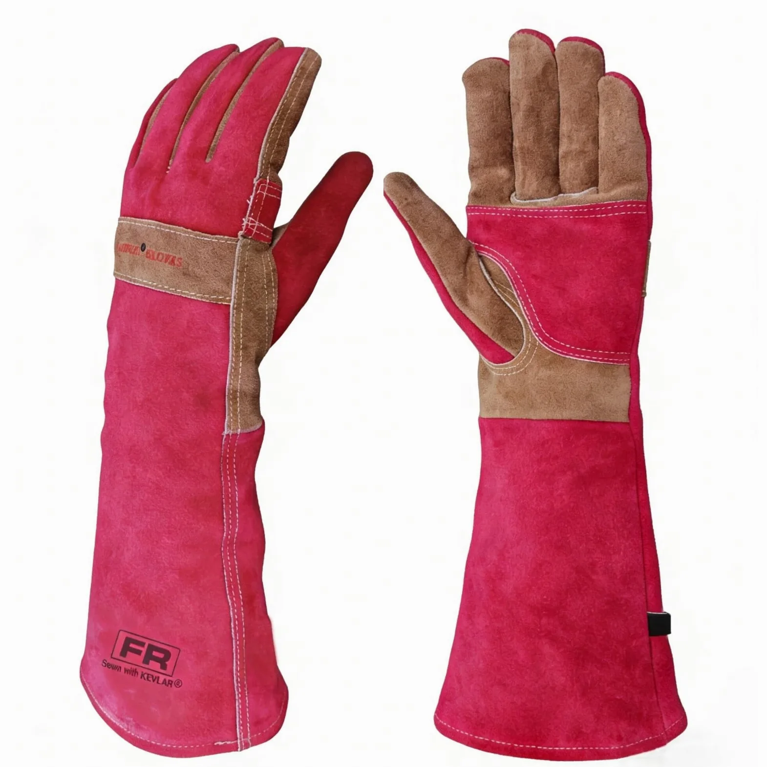 Guantes para barbacoa y soldadura de piel de vaca, de manga larga, guantes resistentes al fuego y al calor para chimenea, barbacoa, soldadura Tig Mig, chimenea, horno, horneado, estufa, rosa