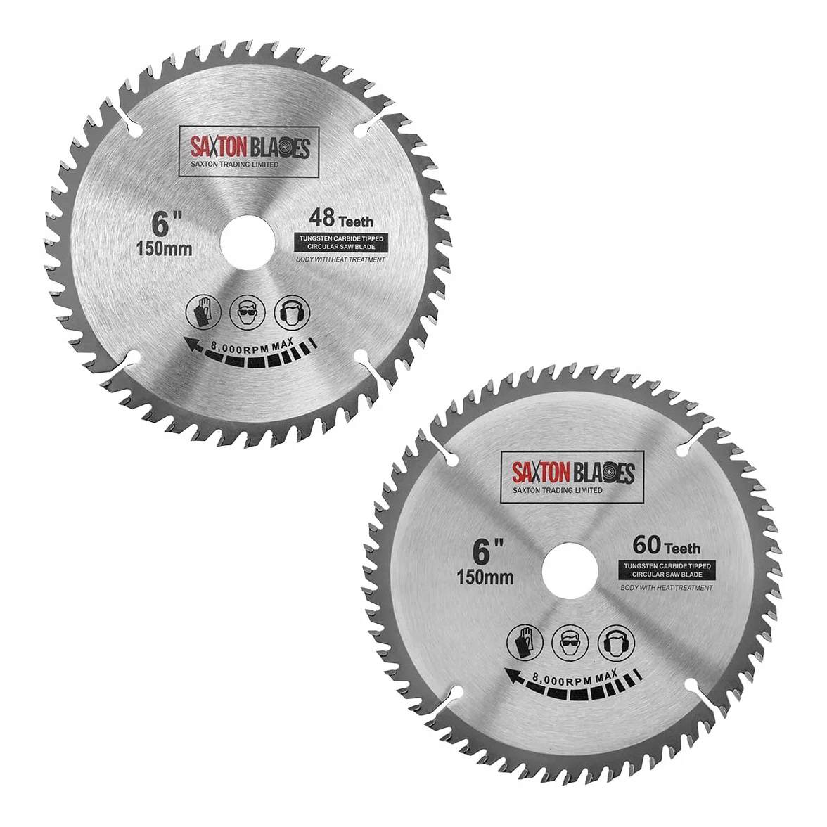 2 hojas de sierra circular Saxton TCT de 150 mm x 20 mm, orificio de 48 y 60 dientes + anillo de 16 mm y 10 mm, compatible con Ryobi Bosch, Makita Dewalt