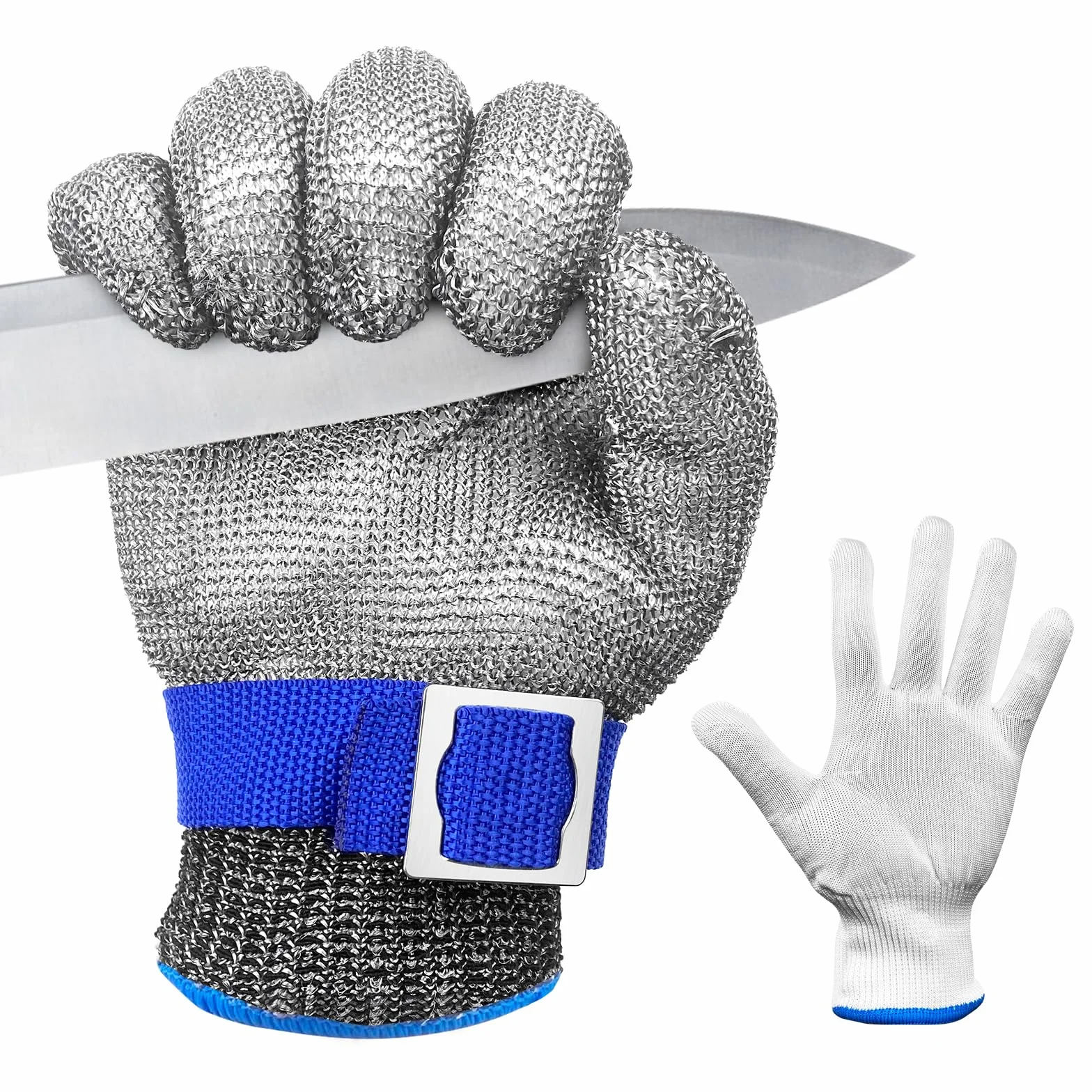 Brevanza Guante Anticorte Nivel 9 Malla Acero Inoxidable para Carnicero Chainmail Cocina Cadena Metal Pelar Ostricos Corte Carne Madera (L)