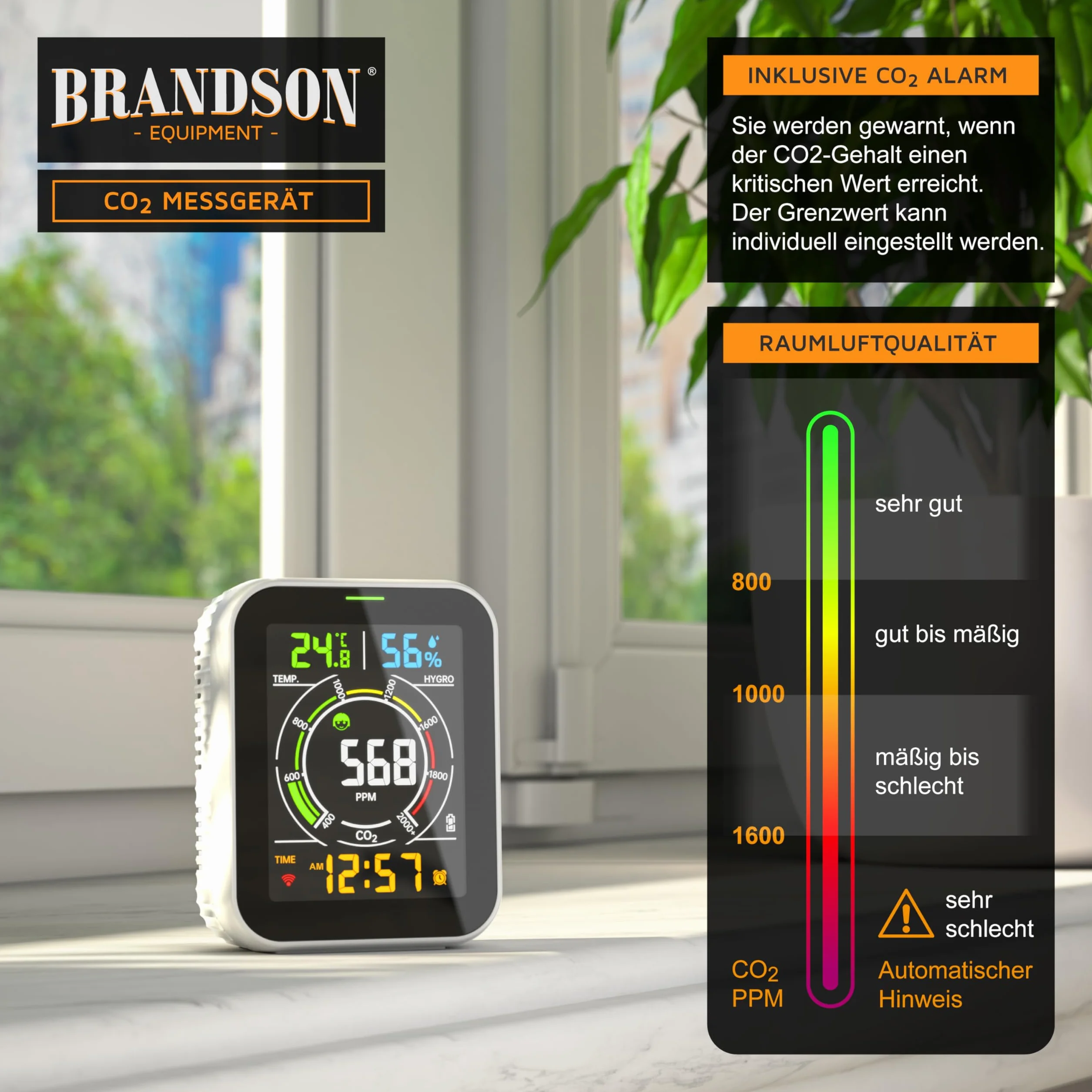 Brandson - Detector de CO2 WiFi - Medidor WiFi Comprobador de Calidad del Aire - Sensor de dióxido de Carbono Medición PPM - Tuya Smart Home - Recomendación de ventilación de Aire - Temperatura