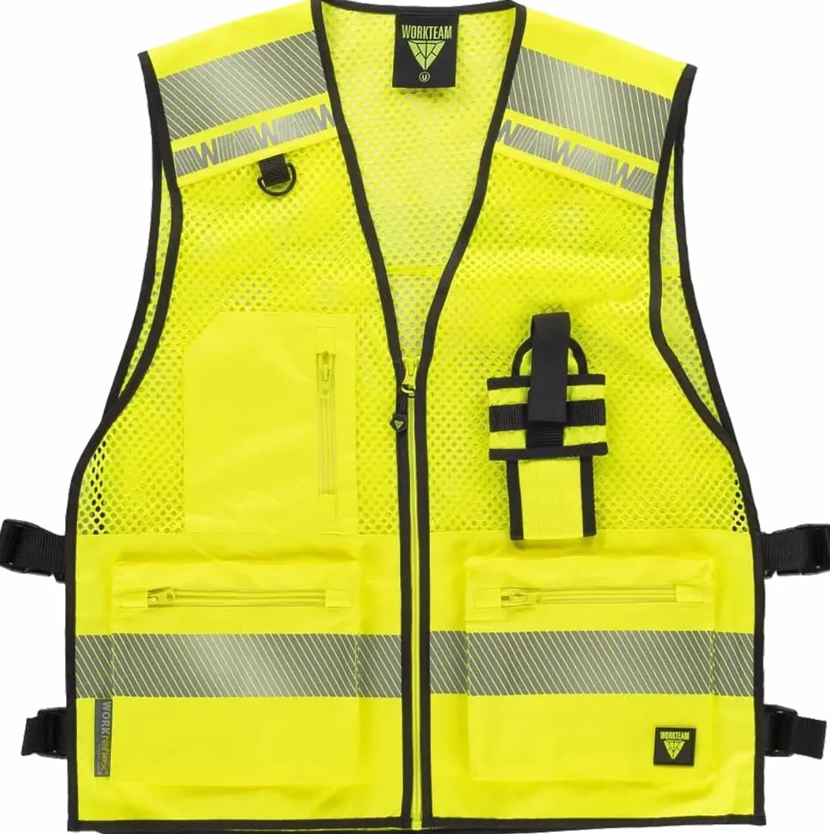 WORKTEAM Chaleco de Alta Visibilidad con Rejilla Transpirable, Cintas Reflectantes Segmentadas, Ajustes Laterales y Multibolsillos Unisex