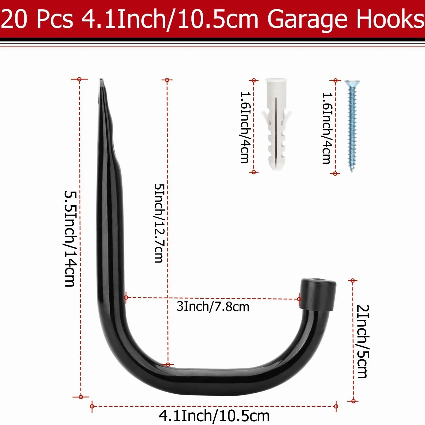 20 ganchos de garaje, gancho de almacenamiento resistente de 10,5 cm, ganchos de pared para herramientas de jardín, mangueras, bicicletas, madera, equipo deportivo, cortacésped