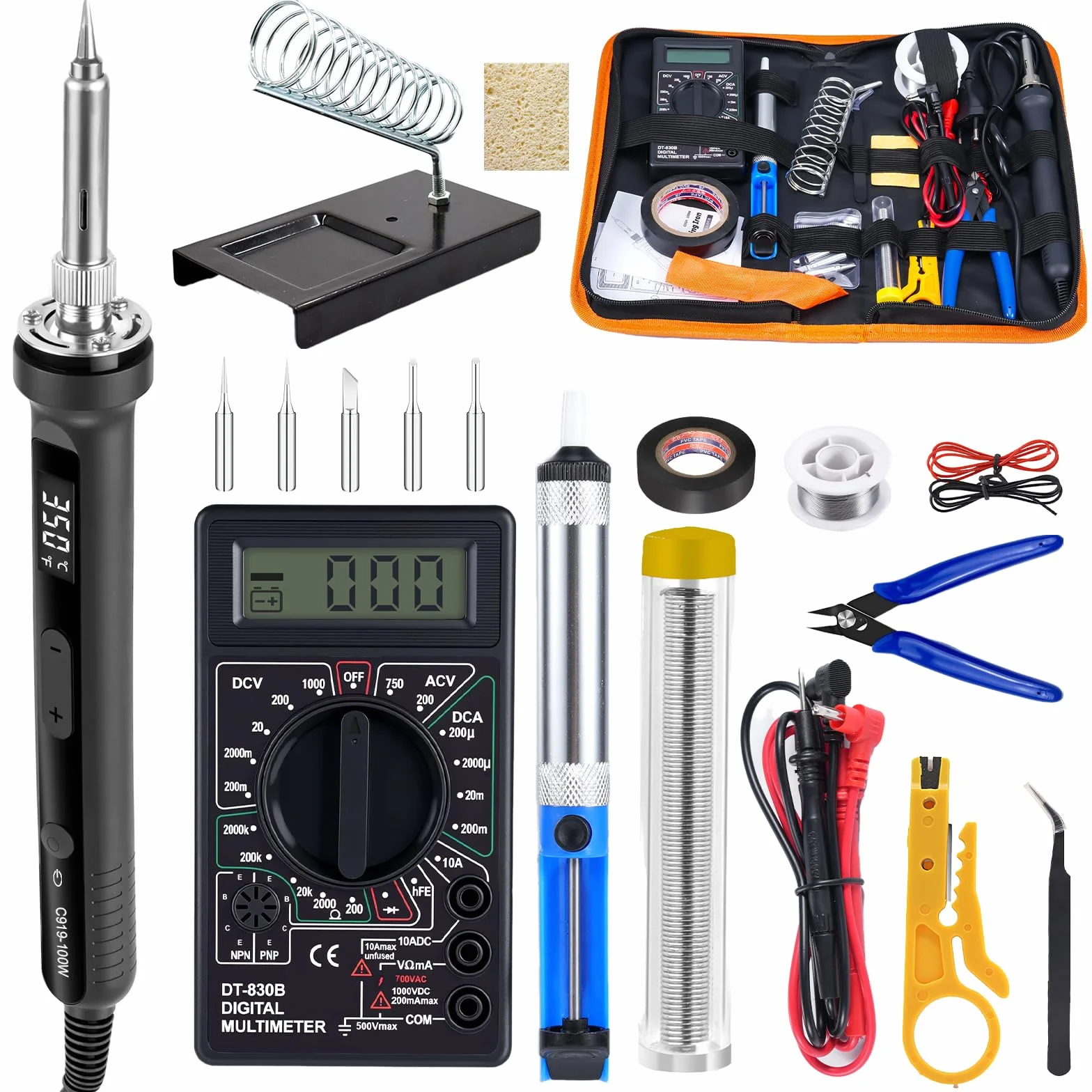 Kit Soldadura Estaño de 100W con LCD y Multímetro Digital,Temperatura ajustable de 180 a 520 ℃,Kit Soldador de Estaño Eléctrica 19 en 1: 5 Puntas de Soldadura, Soporte Para Soldador,Estaño Para Soldar