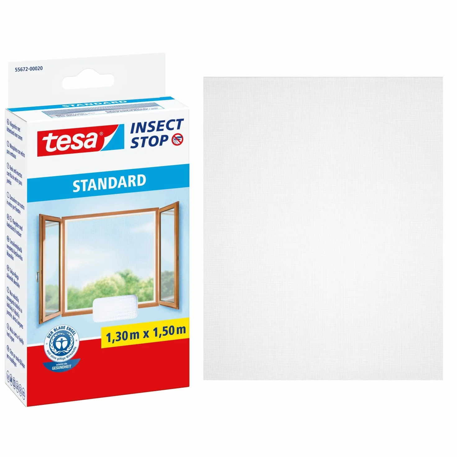 tesa Insect Stop Malla Mosquitera STANDARD para Ventanas, Mosquitera Autoadhesiva, Recortable al Tamaño Deseado, Blanca, 130 cm x 150 cm