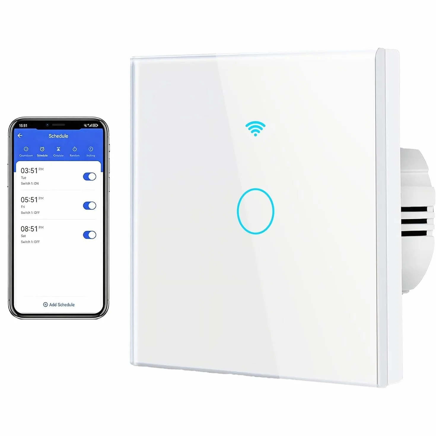 Interruptor WiFi Inteligente Táctil de Pared, 1 Vía 1 Gang, Compatible con Alexa, Google Home y Tuya Smart Life, Requiere Neutro, Panel de Cristal, 86 x 86 mm, Blanco