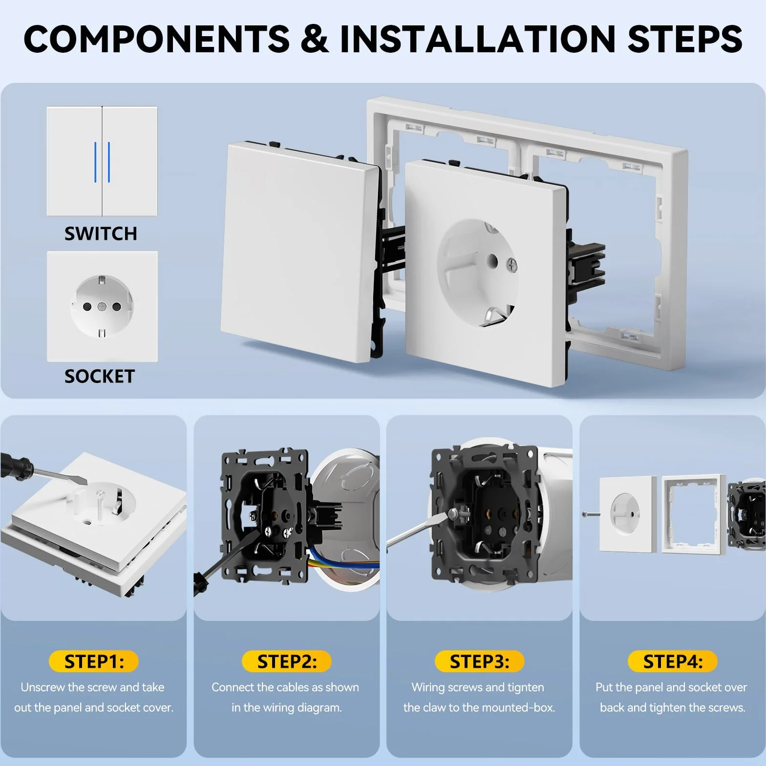Interruptor con Enchufe Pared 1 Gang 1 Vía 150x80mm LED Blanco