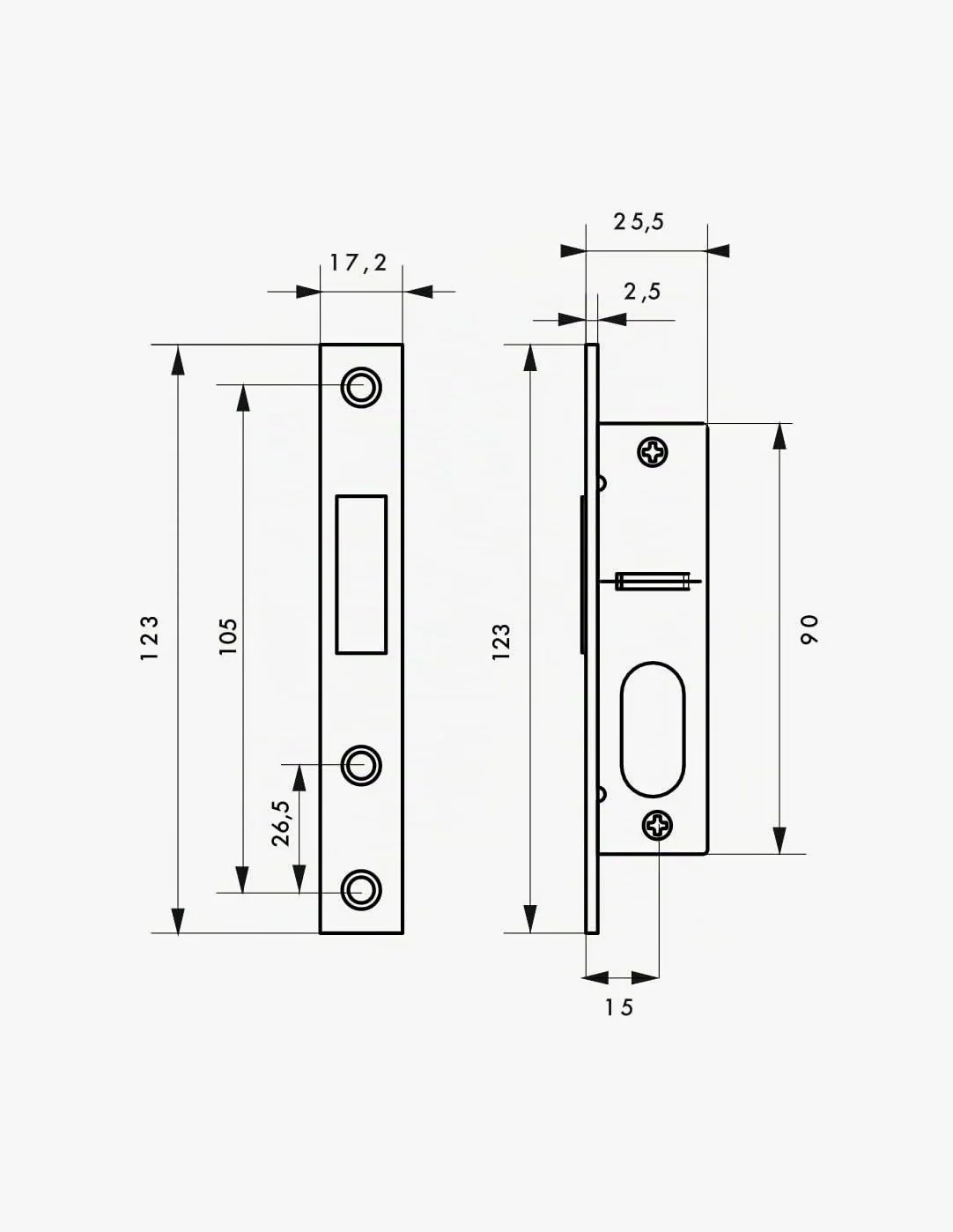 THIRARD - Cerradura Embutida con Cilindro para Puerta Metálica - Eje 15 mm - Cil. 30 x 30 mm - Borde Cuadrado - 3 Llaves - Frente Inox - Perno Aleación Niquelada - Gris