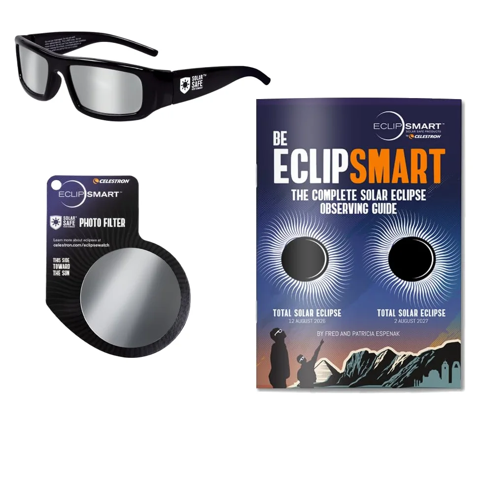 Celestron EclipSmart kit 3 piezas, observe y capture eclipses solares. Gafas solares, filtro para cámara y libro eclipses. Filtros conformes con norma internacional para observación directa del sol