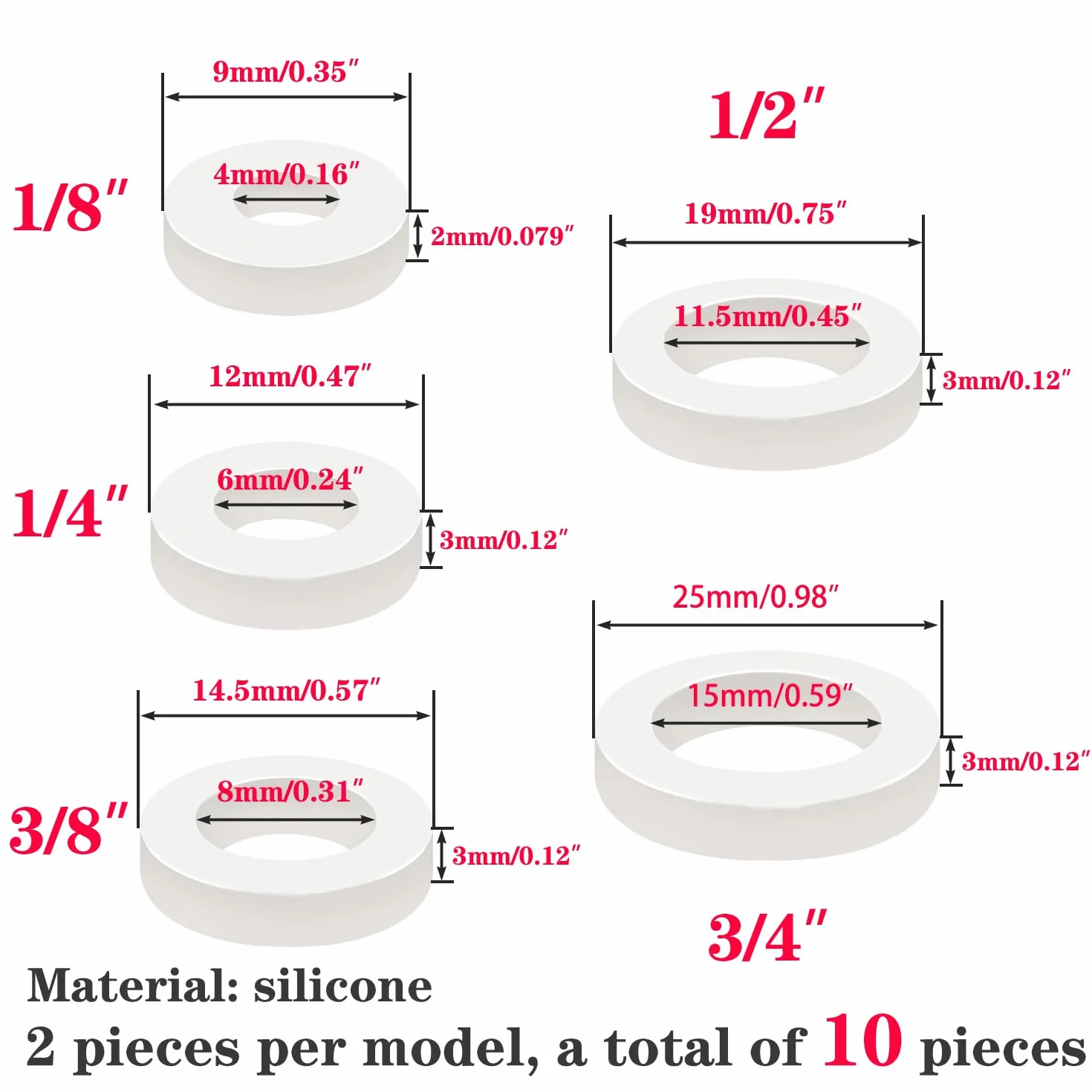 Qrity 10 Piezas 5 Tamaño Silicona Junta Plana, Junta de Manguera, Arandelas de Sellado O Ring para Grifos de Agua, Mangueras, Divisores, Válvulas