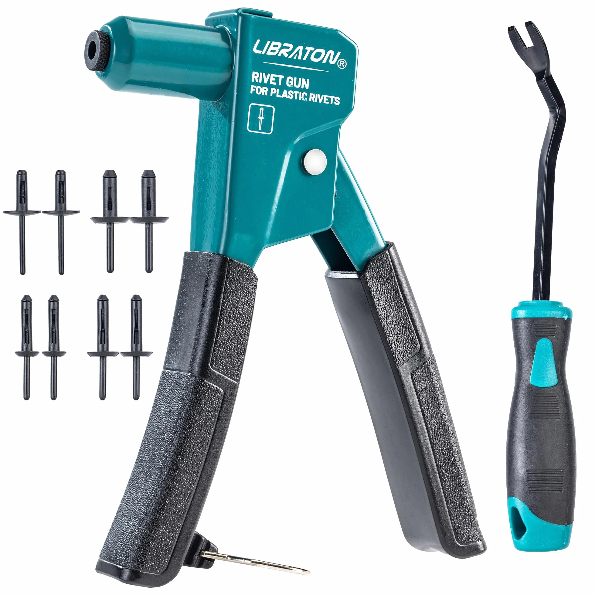 LIBRATON - Kit de pistola remachadora de plástico, remachadora manual de 90 grados con 40 remaches de nylon (4 tamaños), punta universal para automoción/electrónica, ergonómica y con un 50% menos de
