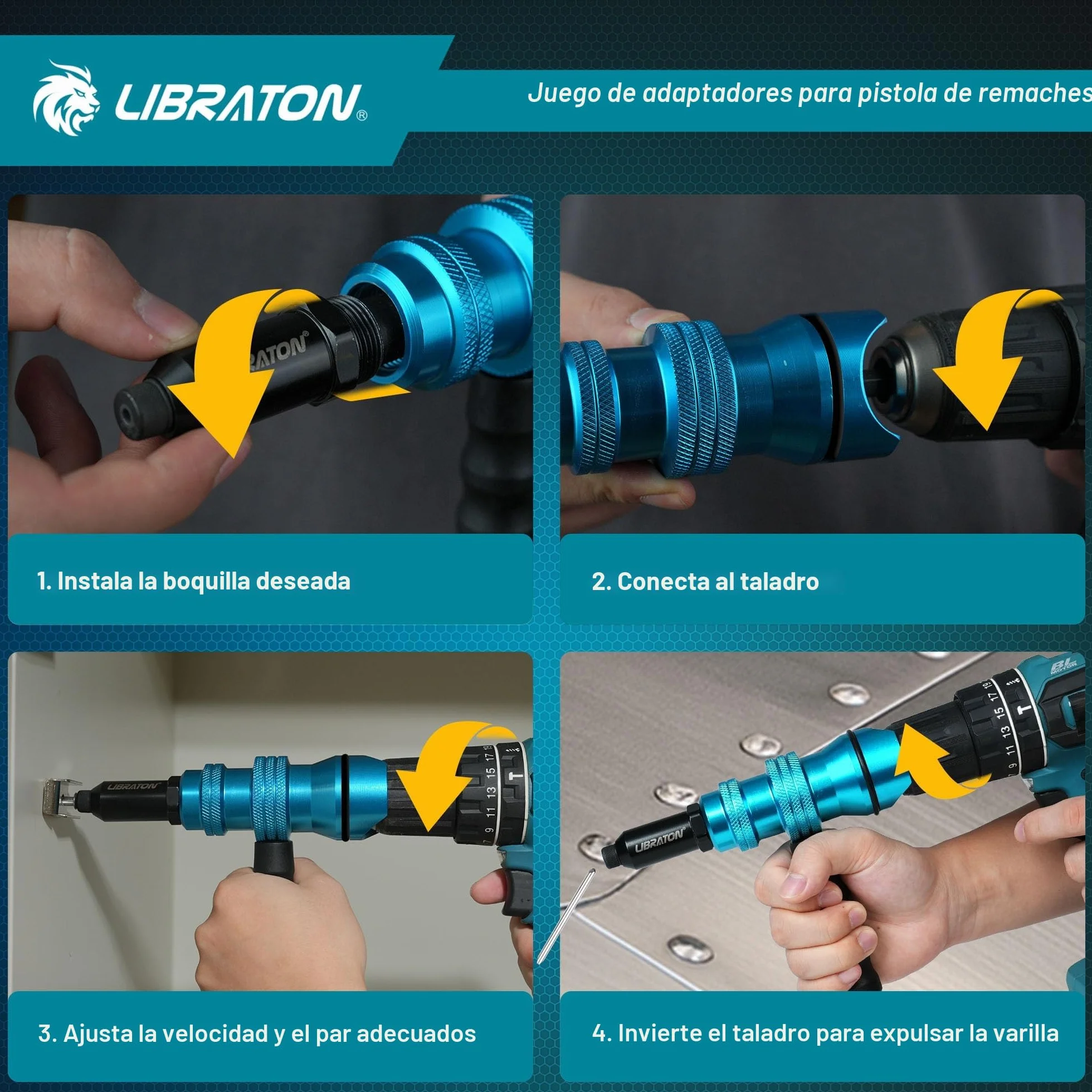 LIBRATON Adaptador de Remachadora para Taladro, Adaptador de Remache para Taladro Eléctrico, Accesorio de Remache para Taladro Inalámbrico, con Asa, Fácil Procesamiento 2,4mm 3,2mm 4,0mm 4,8mm