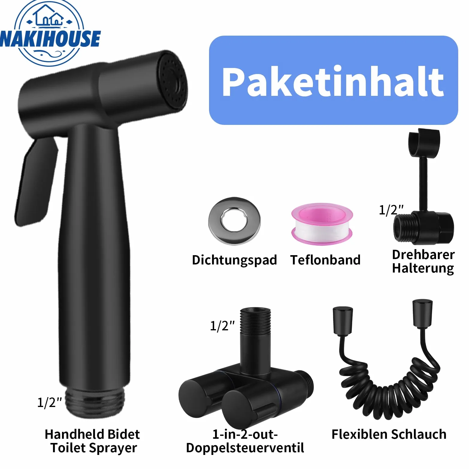 Bidet Handbrause für Toilette, Edelstahl Bidet Handbrause Set mit 1-in-2-Out Doppelsteuerventil Wasserhahnspender und Schlauch zum Waschen von Haustieren, Reinigen des Bades, Schwarz
