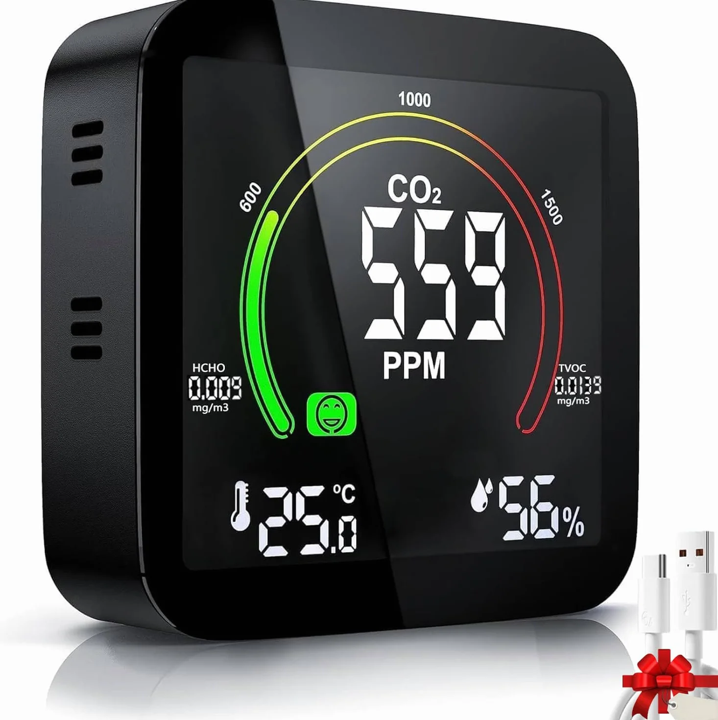 Medidor CO2 Detector CO2 Gas, 5 en 1 Detector de CO2 con Pantalla LED Medidor de Humedad y Temperatura TVOC HCHO Dormitorio Oficina Coche Multi