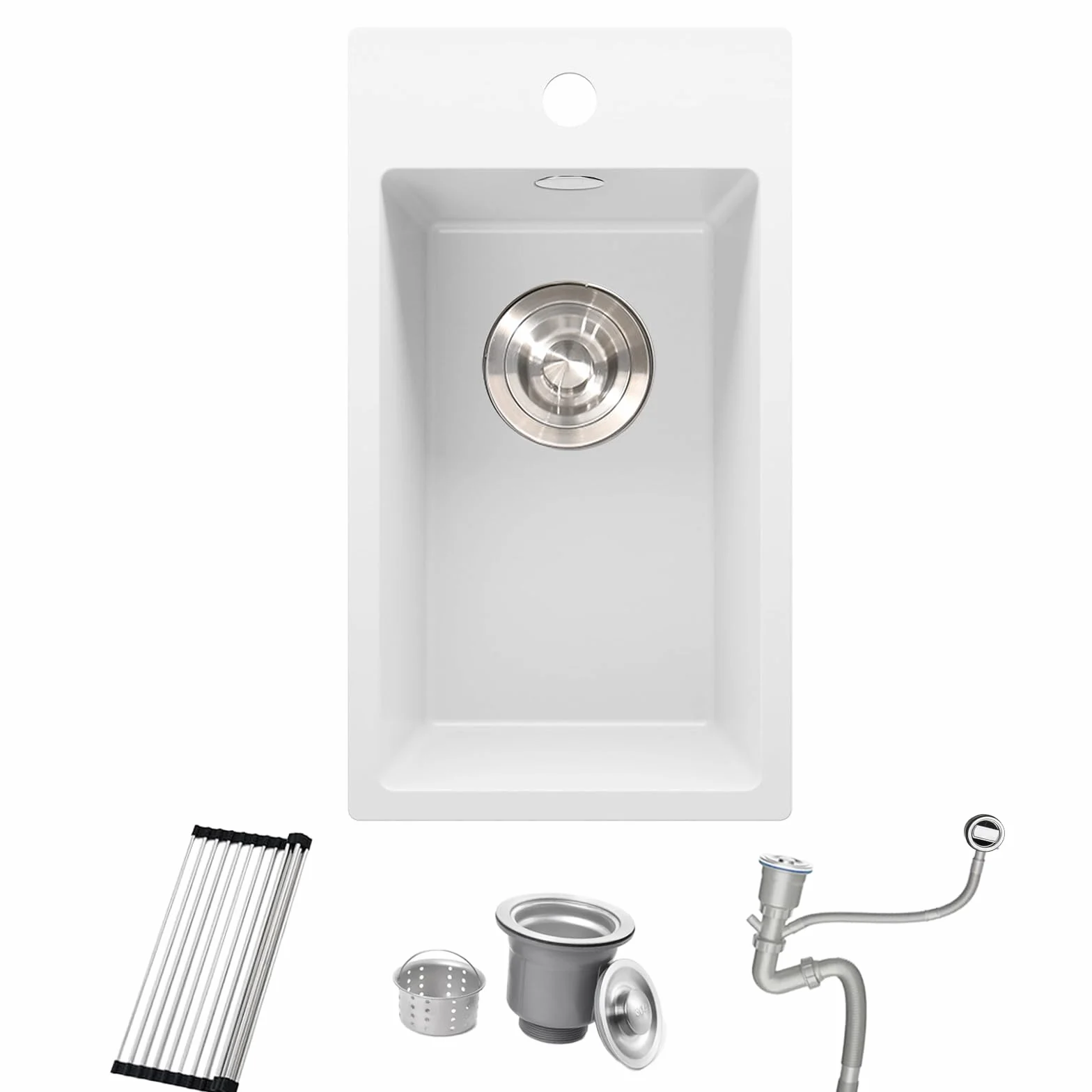 Fregadero Granito Blanco 28x50cm, Pequeño Fregadero de Barra Húmeda, Sobre encimera al mueble 30cm, Minilavabo de Cocina para Exteriores, para RV, con Rebosadero, Rejilla Enrollable y Sifón