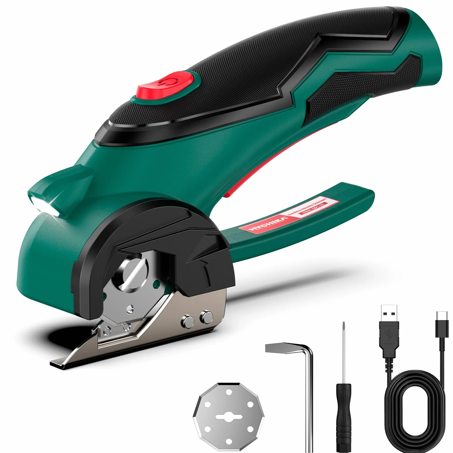 HYCHIKA Tijera Electrica Inalámbricas 4V, Cúter Rotativo Eléctrico 300 RPM, Tijeras Eléctricas con 2 Cuchillas y LED para Tela, Costura, Cuero, Alfombra, Cartón y Plástico