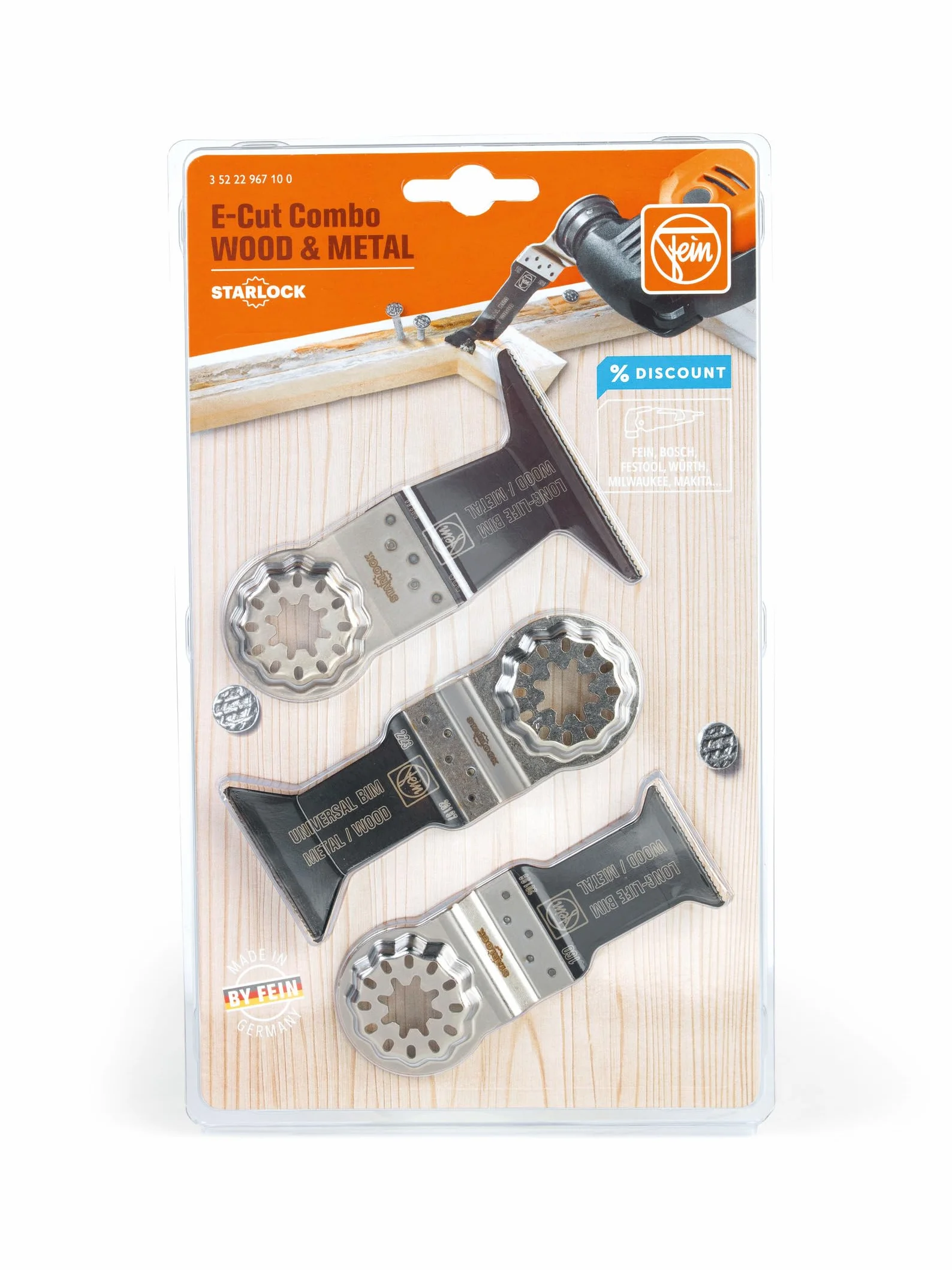 FEIN E-Cut Combo Starlock Wood & Metal, Alojamiento SL,Set con 3 hojas de sierra de recambio E-Cut para trabajos de aserrado en madera y metal.