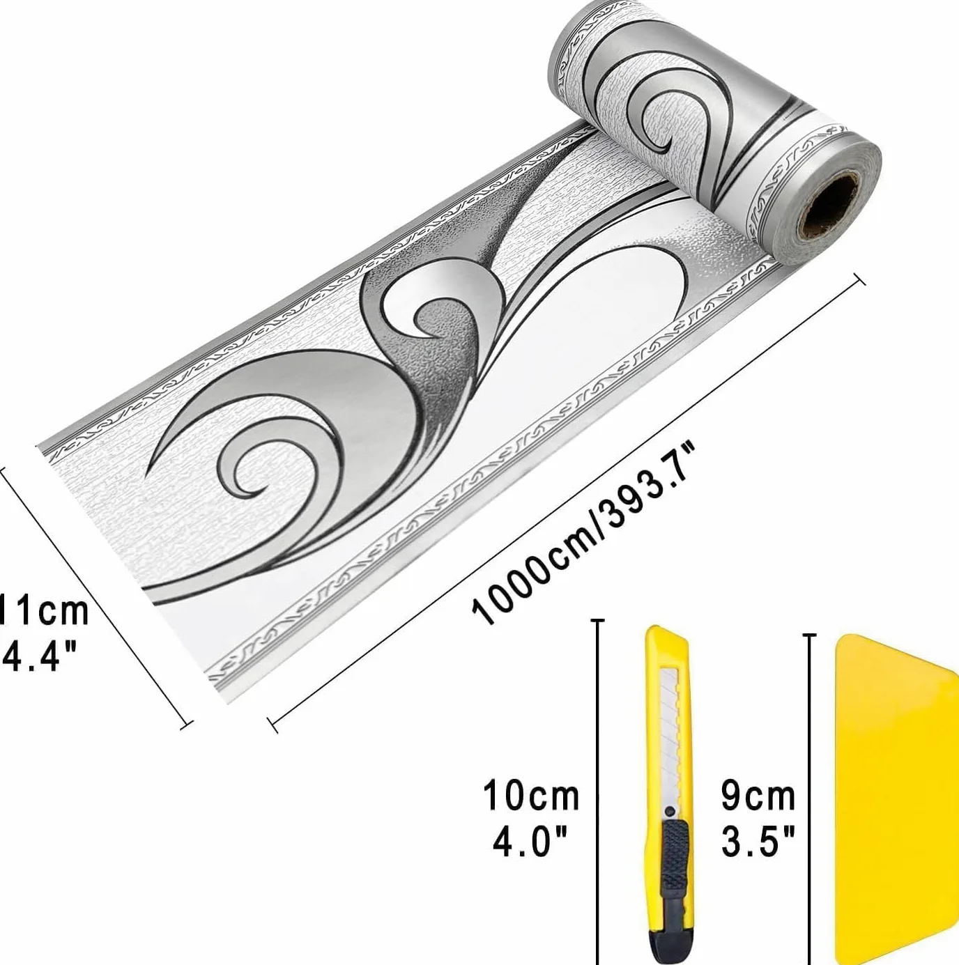 Angelkiss Papel pintado borde, patrón de ondas grises de plata real, borde, decoración de pared despegable, adhesivo de techo, cocina, baño, decoración de pared, 11 cm x 10 metros (2 unidades)