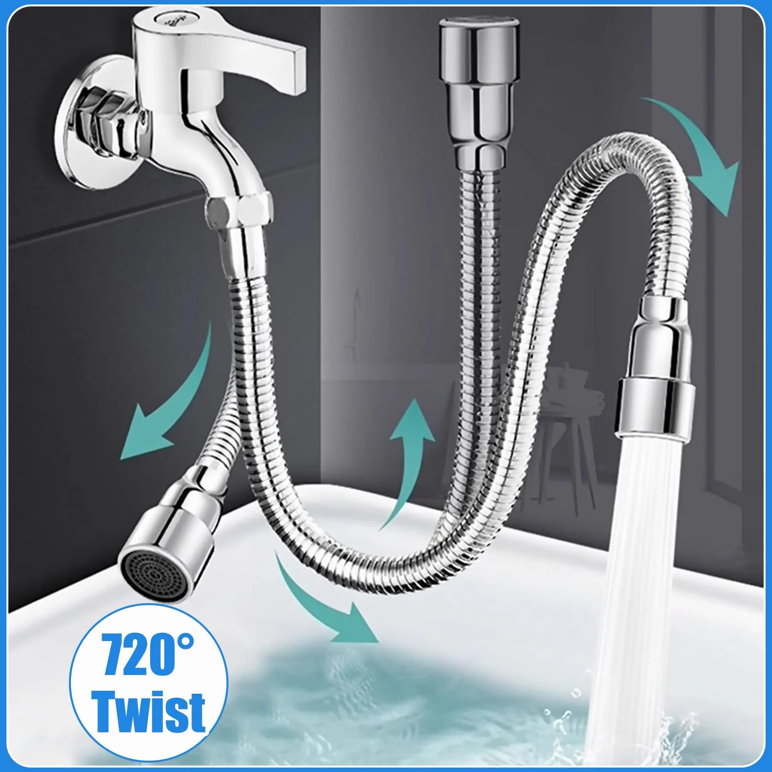 Extensor Grifo, Extensión de Grifo Cocina 30 cm Inoxidable, Extensor de Tap Giratorio de 720° Grados, Con Adaptador de Rosca de Transferencia y Junta Antifugas, para Baños y Cocinas