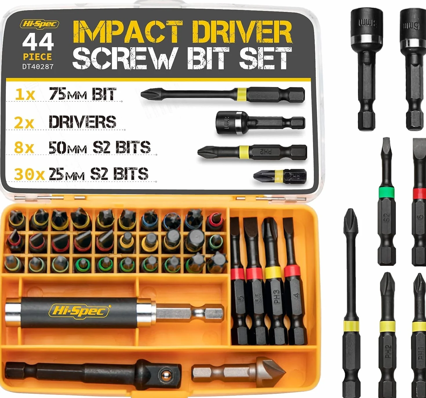 Hi-Spec Juego de Puntas de Impacto para Taladro Destornillador de 44 Piezas. Brocas para Herramientas Eléctrica con Cuerpo Hex con Maletin de Almacenamiento