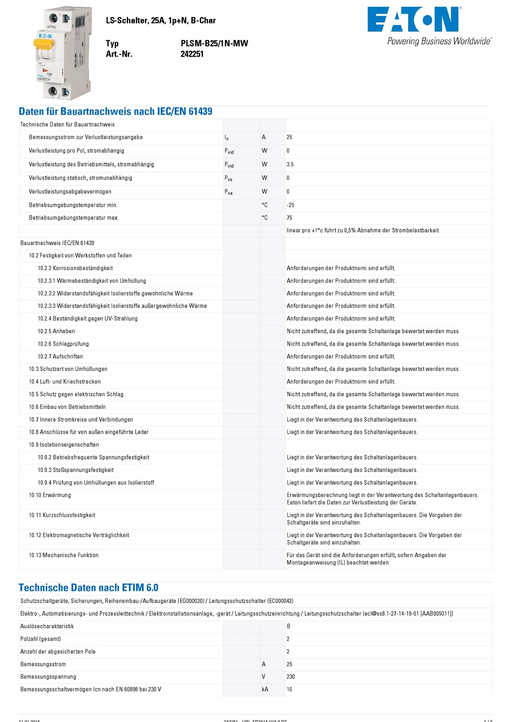 Eaten eatlsmb251 N disyuntor 25 A/1 N/B