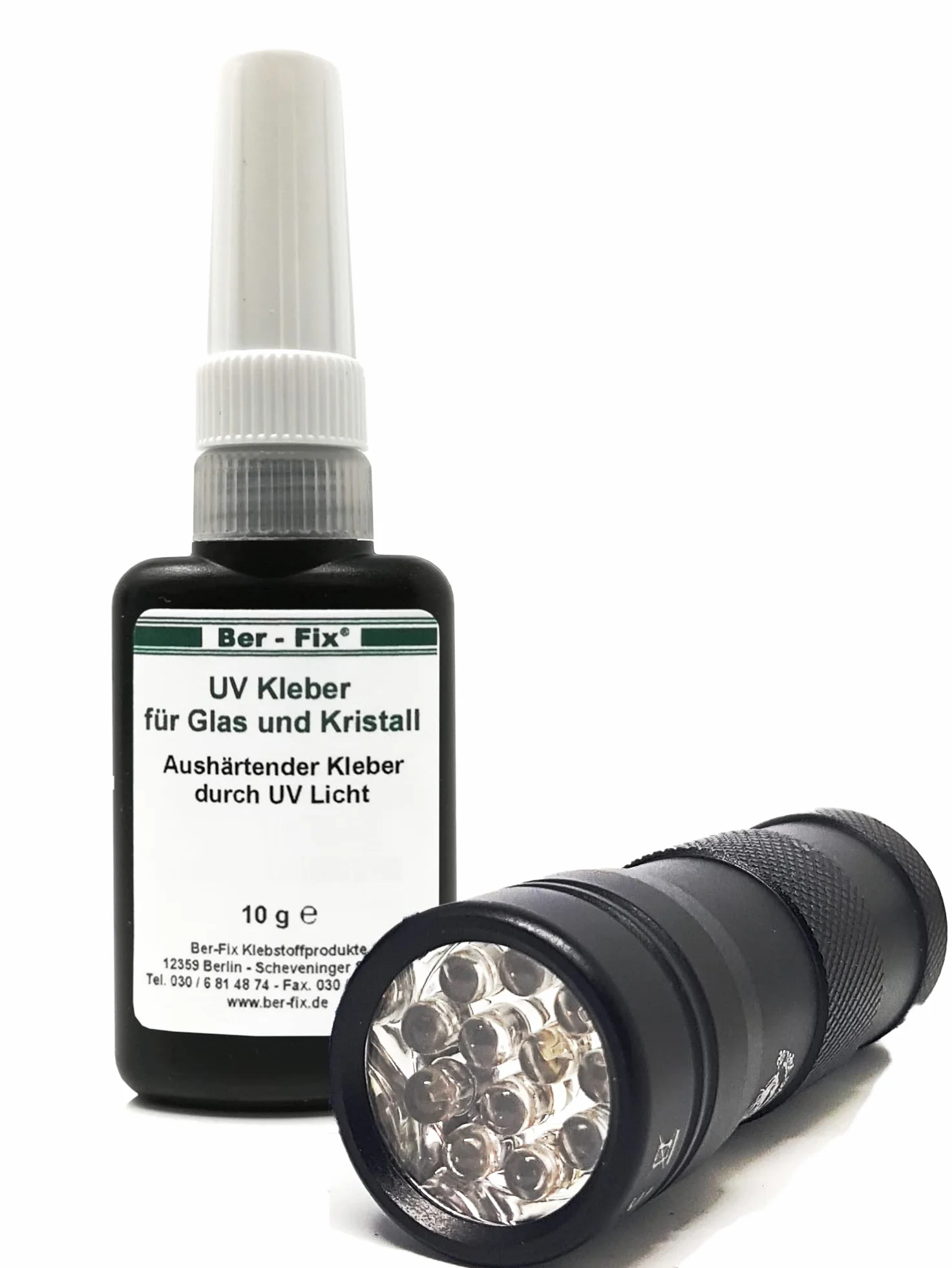 Ber-Fix - Pegamento UV (baja viscosidad, se adhiere con lámpara UV a vidrio o metal)