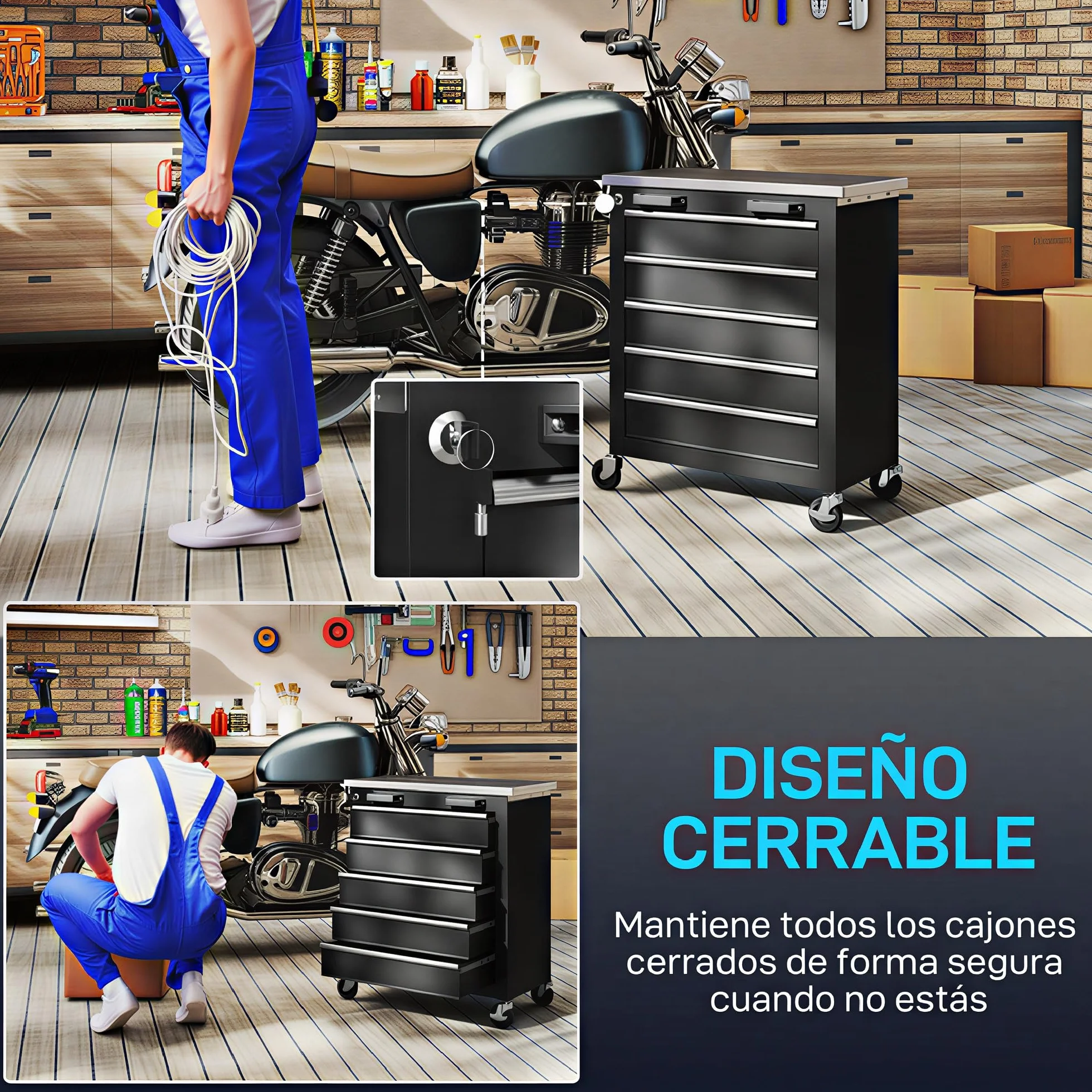 HOMCOM Carro de Herramientas 5 Cajones con Cerradura, Taller con Ruedas, Encimera Acero Inoxidable, Negro Plata