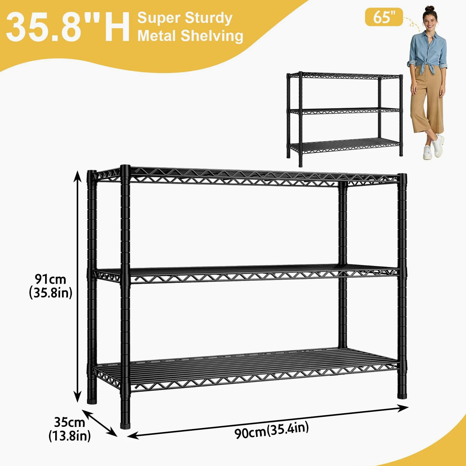 Estante Metálico de 3 Niveles,Ajustable,35.6x14x36,Negro | Estantería Resistente Para Cocina, Despensa, Garaje, Baño ,Cina, Despensa, Garaje, Baño
