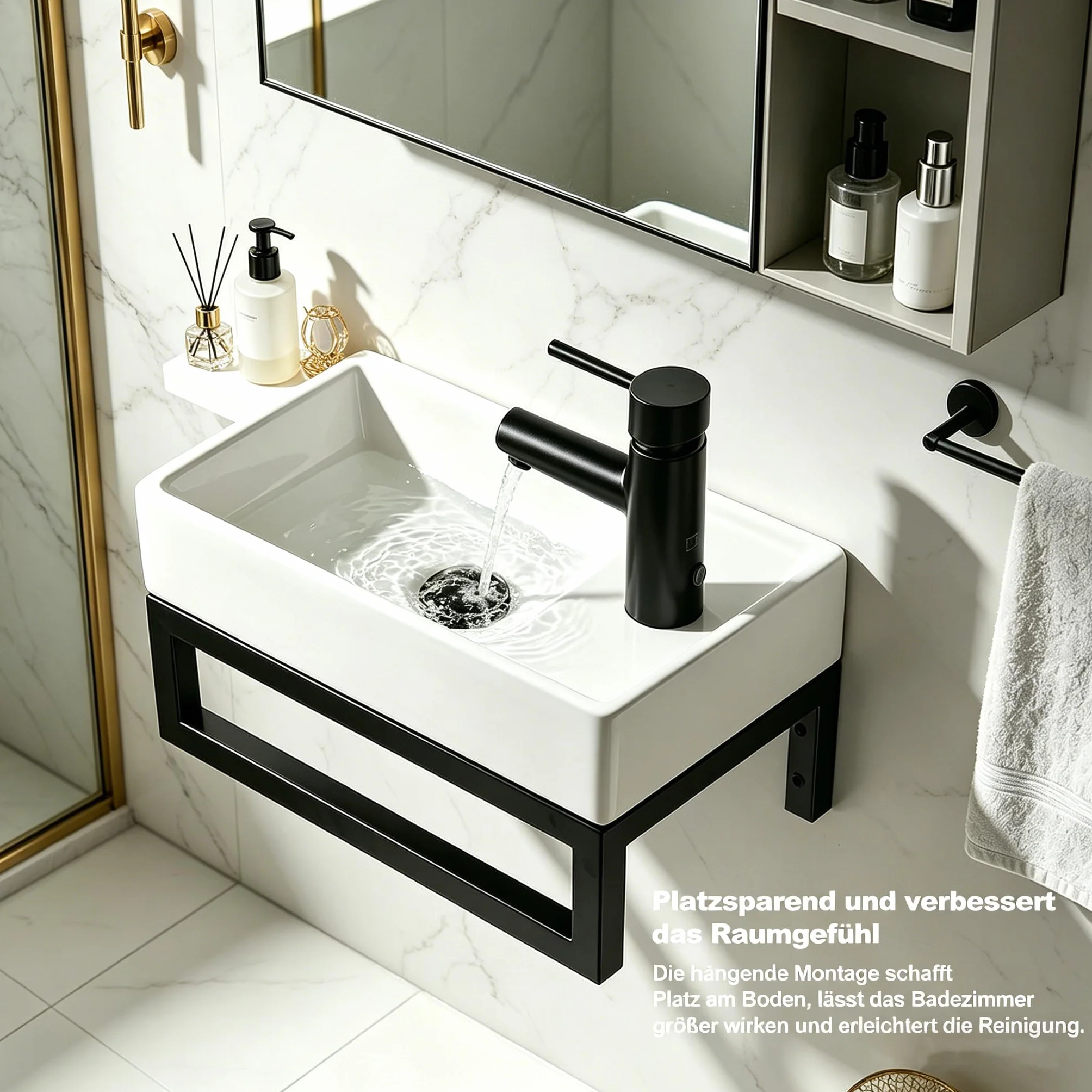 NUESTRA VIDA Lavabo de Cerámica para Baño de Invitados 40x22 cm - Compacto con Rebosadero y Estructura Metálica Negra Mate - Ideal para Espacios Pequeños