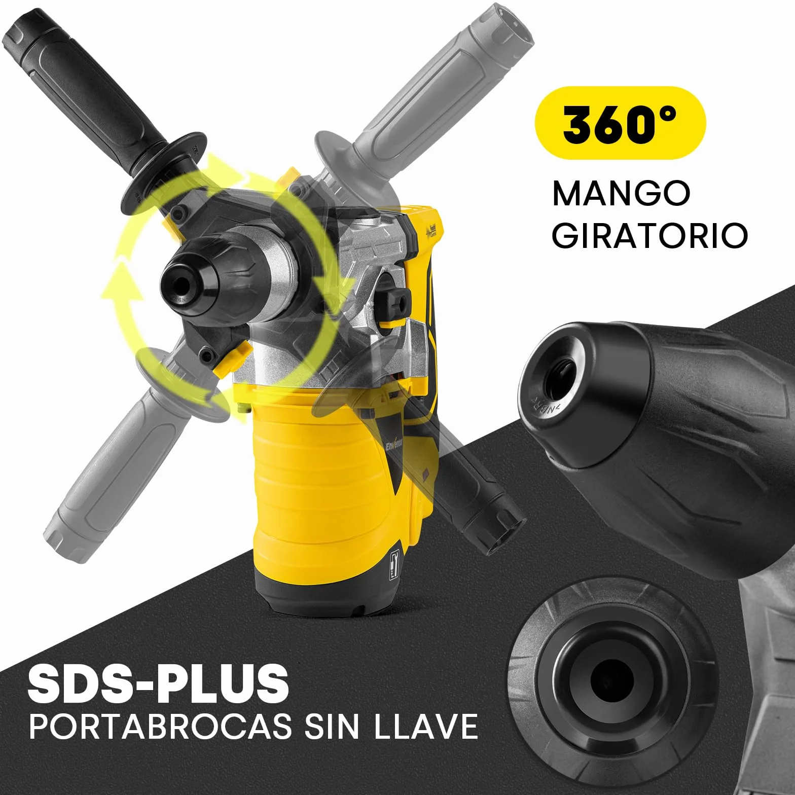 Enventor Martillo Perforador, 1500W Martillo Demoledor, Martillo Percutor con SDS-Plus Mandril, 4500BPM, 6J, 850RPM, 4 Funciones, Control de Vibración, para Concreto, Metal y Madera