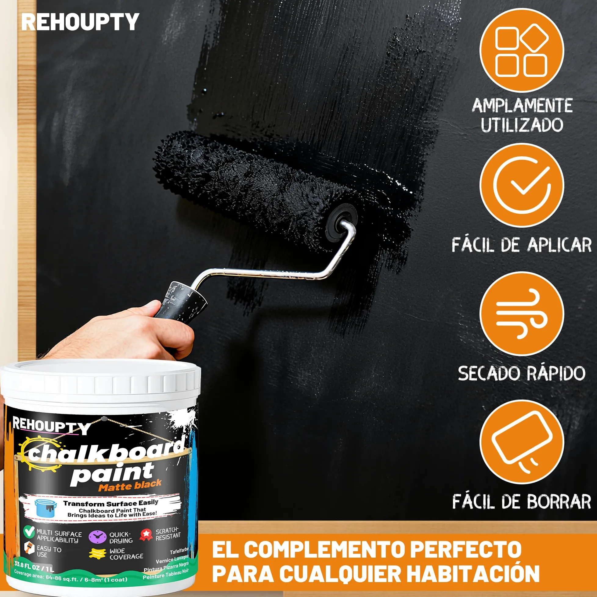 Pintura Pizarra Negra - Pintura Para Pizarrón Negro Mate, 1L Aplicación Fácil Y De Brocha Revestimiento Acrílico, Terminado De Pizarrón Para Madera, Metal, Muebles, Paredes Y Manualidades Cubre 6-8m²