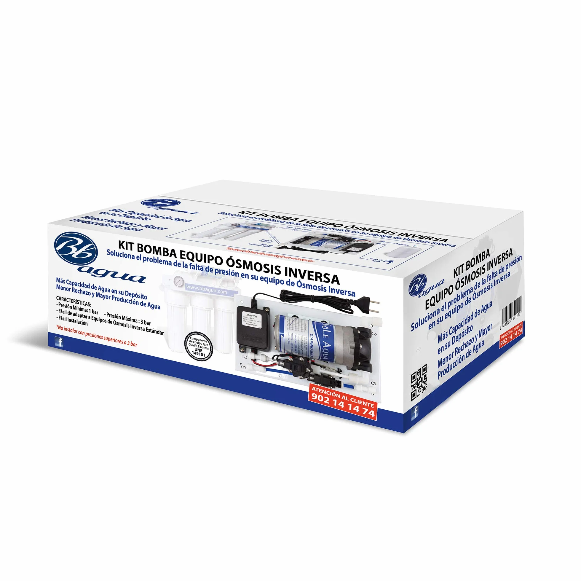Kit de Bomba para equipos de Osmosis Inversa. Adaptable a todos los modelos de equipos de osmosis inversa. Incluye todo los necesario para la Instalación. Bbagua.