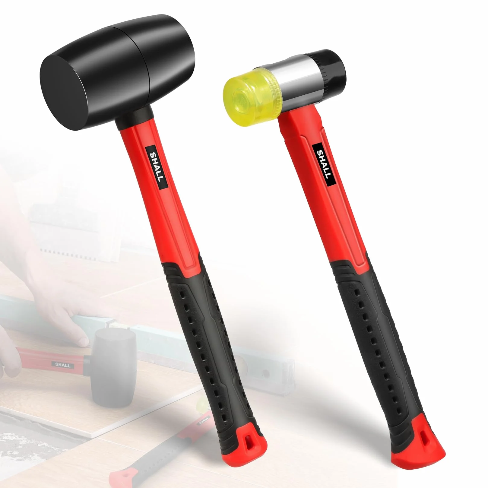 SHALL Juego de martillos de goma de 2 piezas, mazo de goma de 16 oz y mazo suave de doble cara de 40 mm, mango de fibra de vidrio a prueba de golpes con agarre acolchado