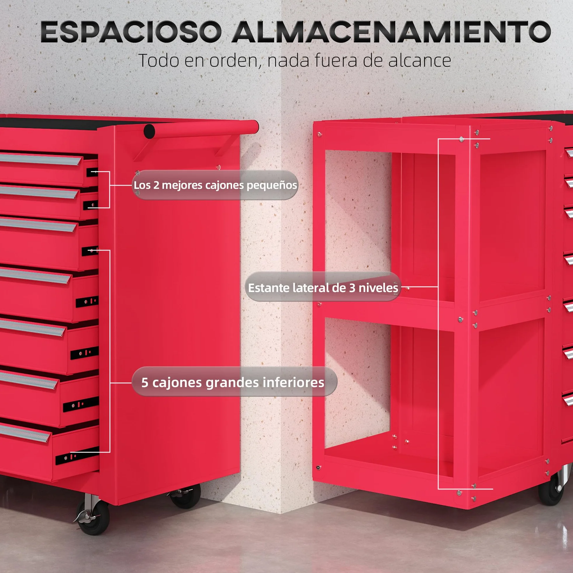 HOMCOM Carro de Herramientas 7 Cajones, Taller Estantería 3 Niveles Desmontable, Cierre Central, Asa, Ruedas Freno, Rojo