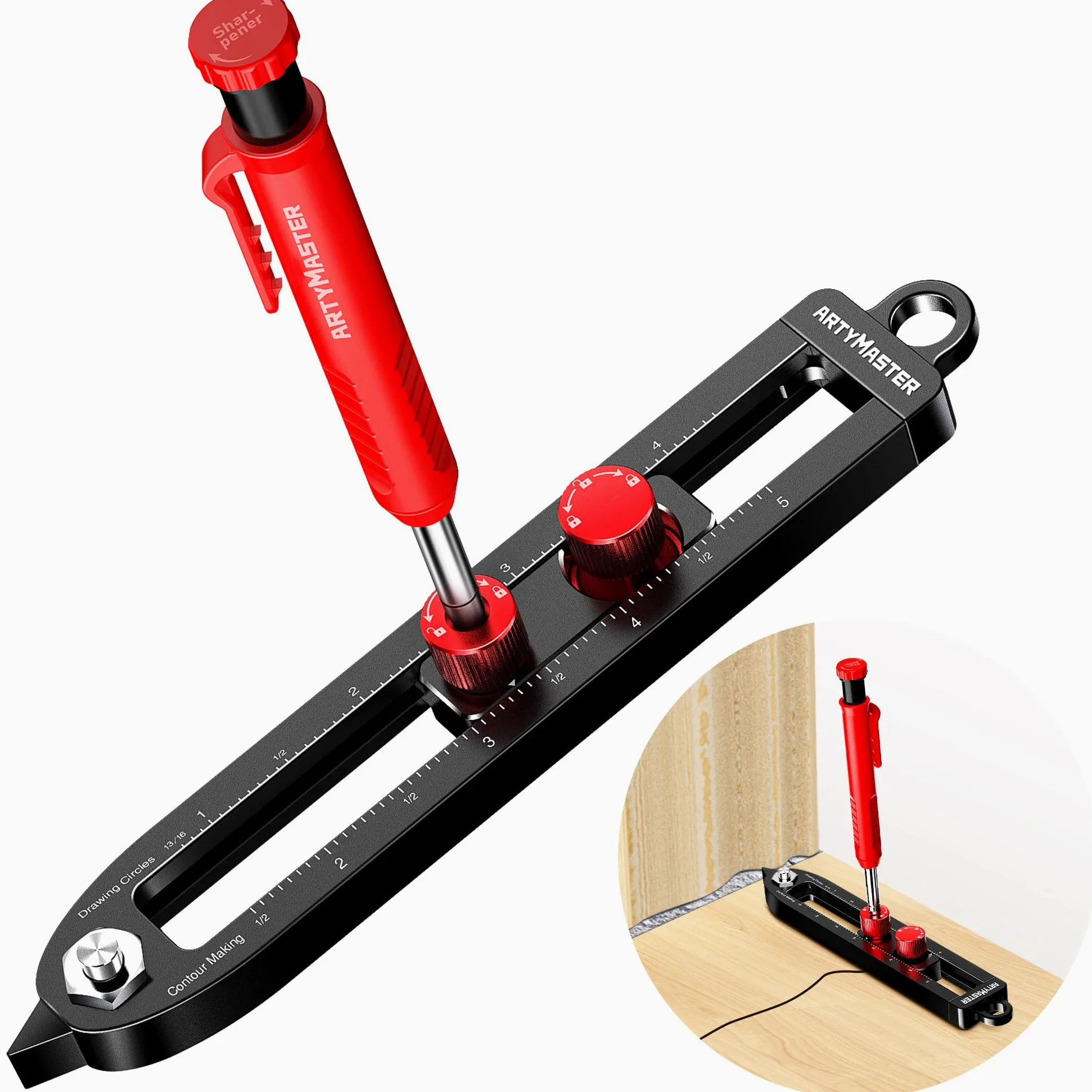 ARTYMASTER Herramienta de trazado multifunción, herramienta de trazado de carpintería, herramienta portátil de aleación de aluminio para carpintería, brújula para carpintería, calibre de marcado