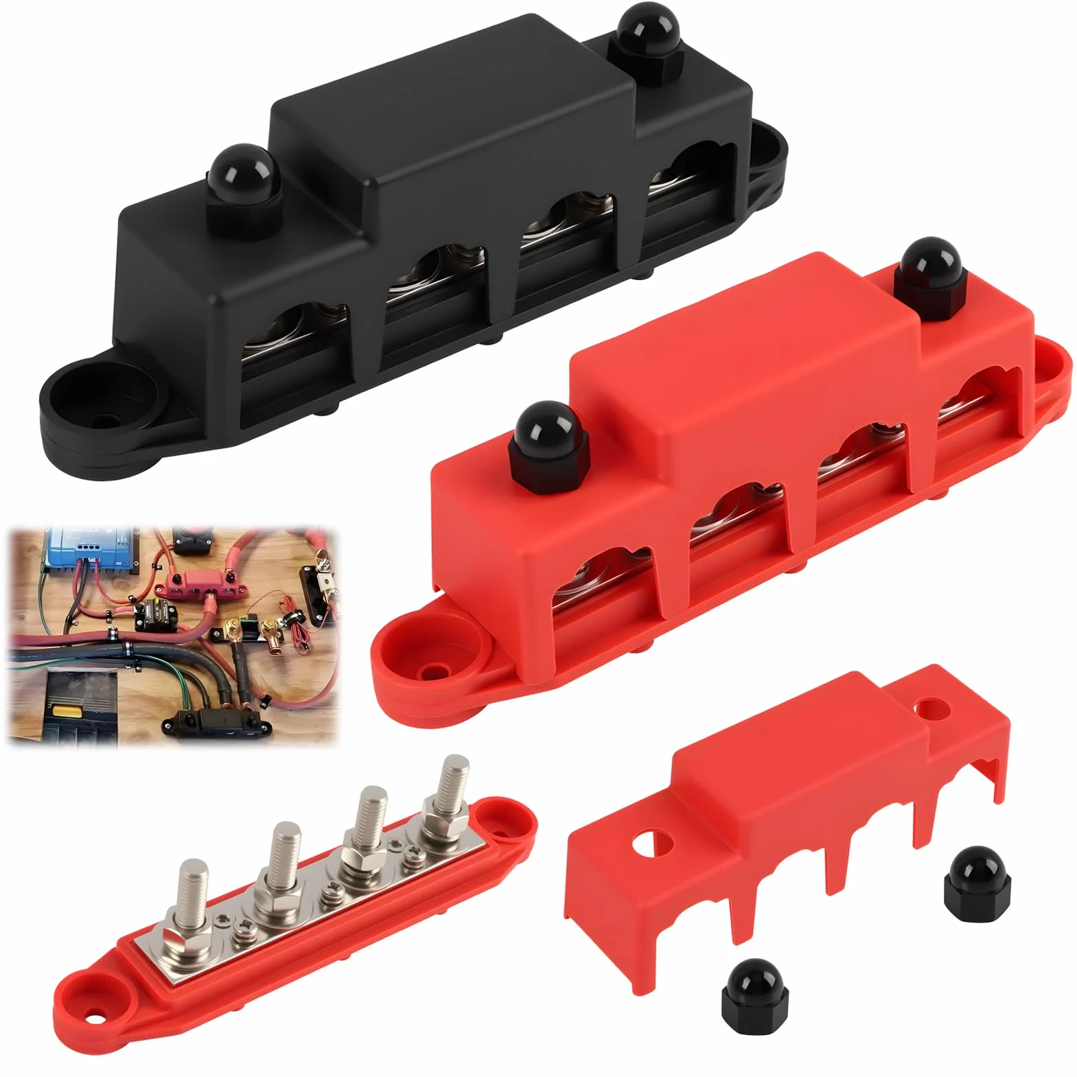 2 piezas 12 V-48 V Barra de distribución de alimentación, 250 A Bloque de terminales eléctrico con 4 x M10 pernos de terminal, bloque de distribución DC, barra colectora M8 con tapa (rojo y negro)