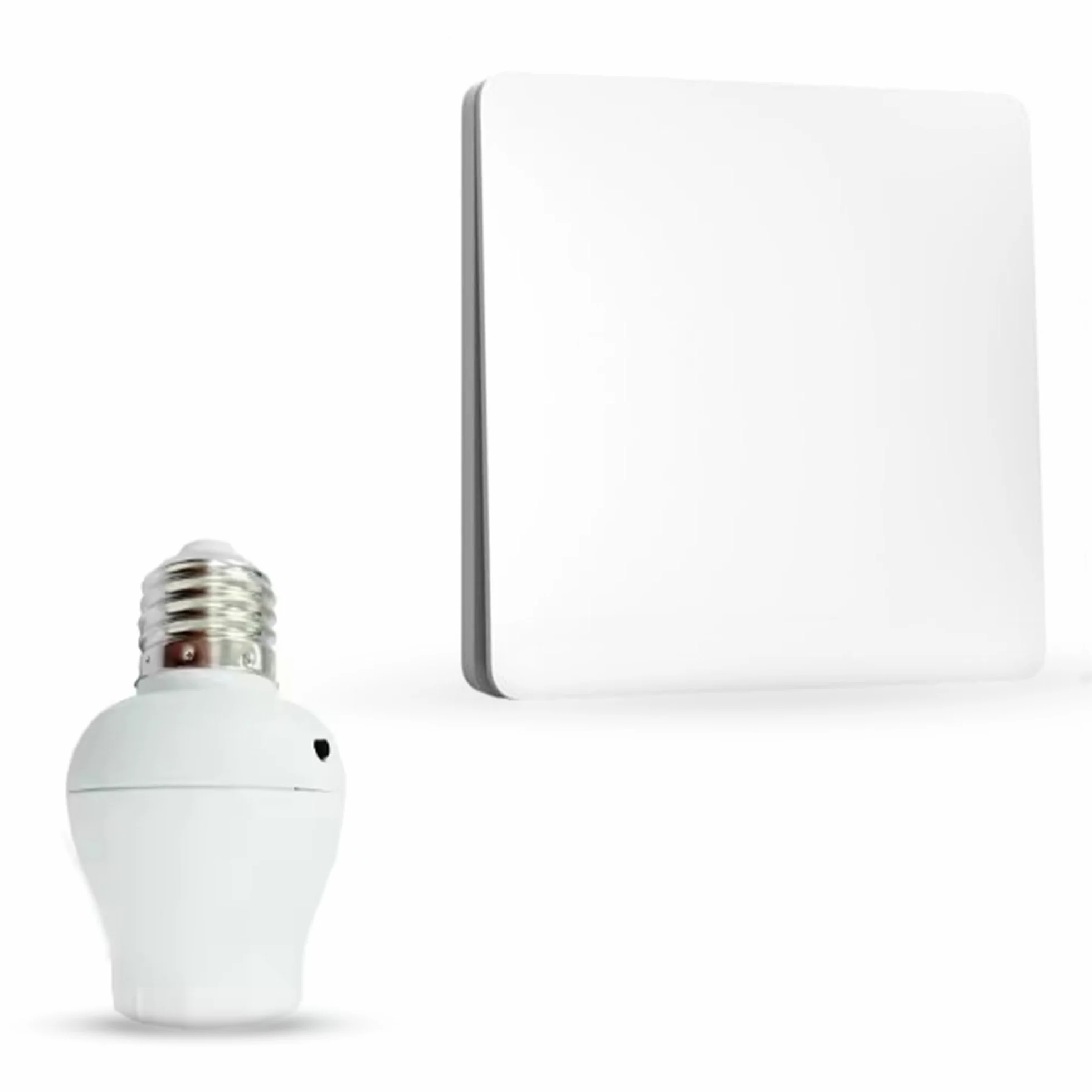 Kit interruptor de control inalámbrico ni batería con adaptador de enchufe E27 conectado, funciona con energía cinética, mando a distancia ON/OFF para lámpara bombilla LED, alcance 50 m, color blanco