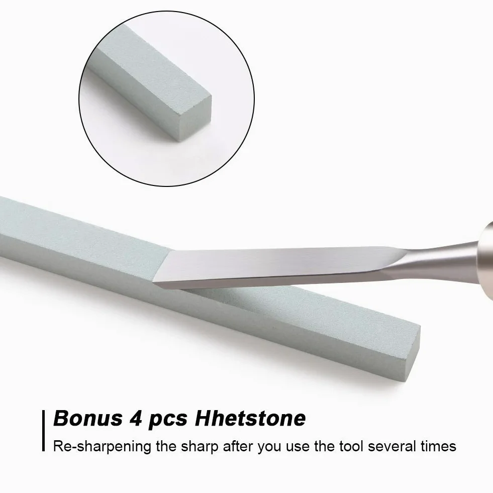 Flintronic Herramienta de Talla de Madera, 12 Formones + 4 Piedras de Afilar, Gubias para Grabadores DIY - Mango y Carrete de Madera