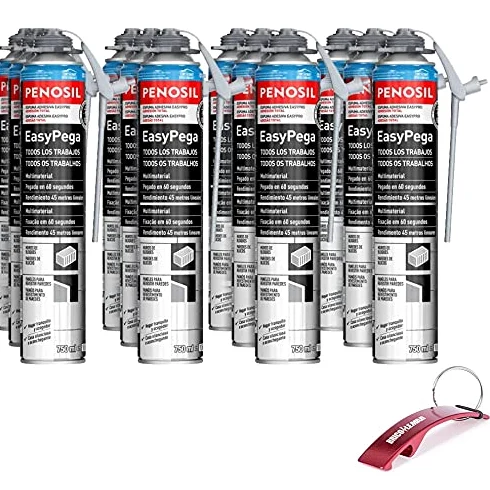 Kit Espuma Poliouretano Adhesivo Universal EasyPega con Cánula 12 Botes de 750ml Gris + Llavero/Abrebotellas de Regalo (12 Botes EasyPega + Llavero de Regalo)