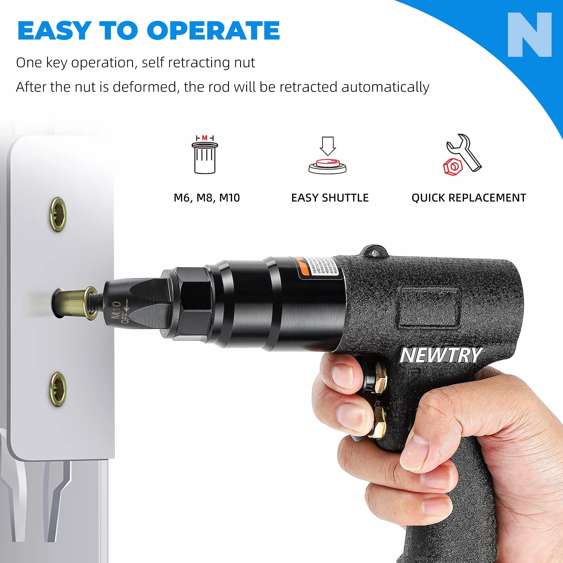 NEWTRY Kit de configuración de tuerca de remache neumático Pistola de remache de tuerca de tracción de aire Herramienta de remachado Remachadora 1/4 (Pistola 6065 con cabezal M4, M5, M6)