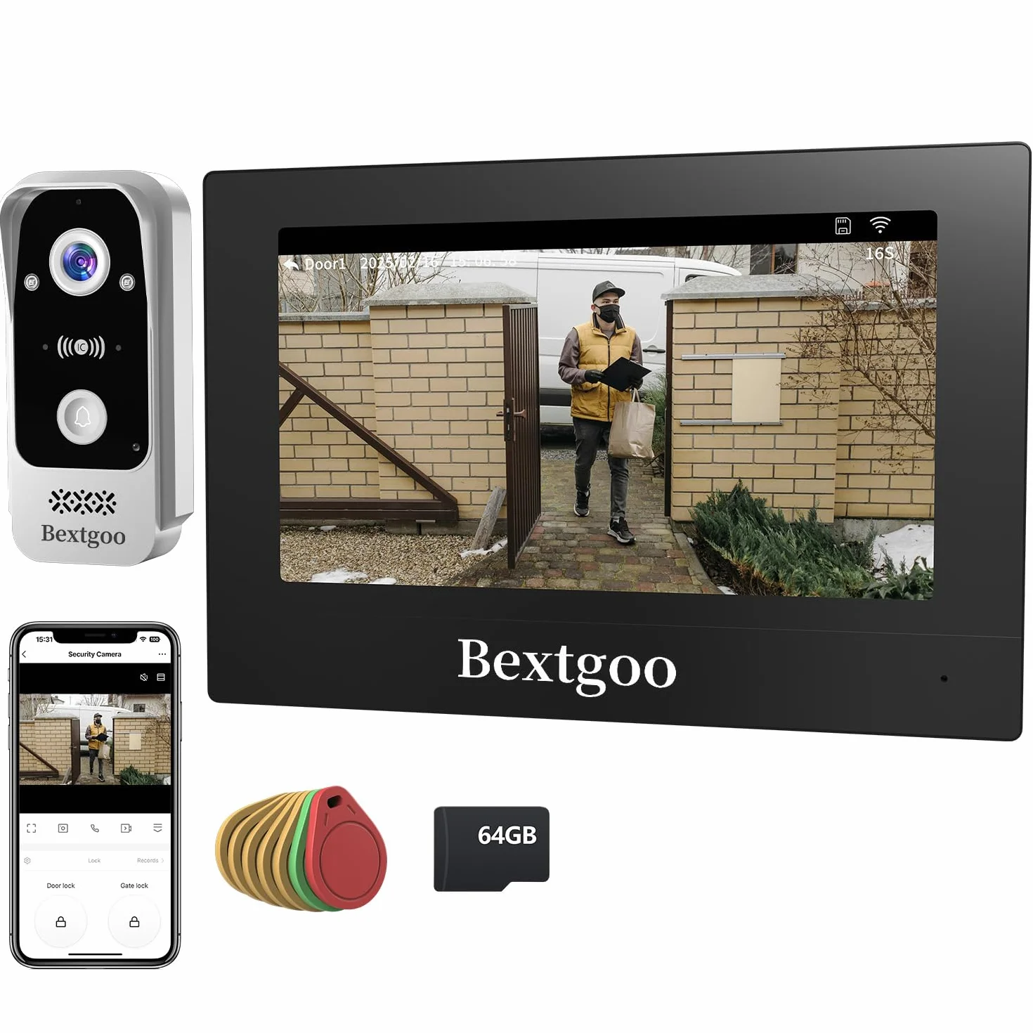 2K Videoportero WiFi con Apertura de Puerta, 7'' Monitor Táctil a Color, 2 Hilos, Desbloqueo en Remoto por App/Tarjeta IC, Visión Nocturna, Audio Bidireccional, Detección de Movimiento Humano, IP66